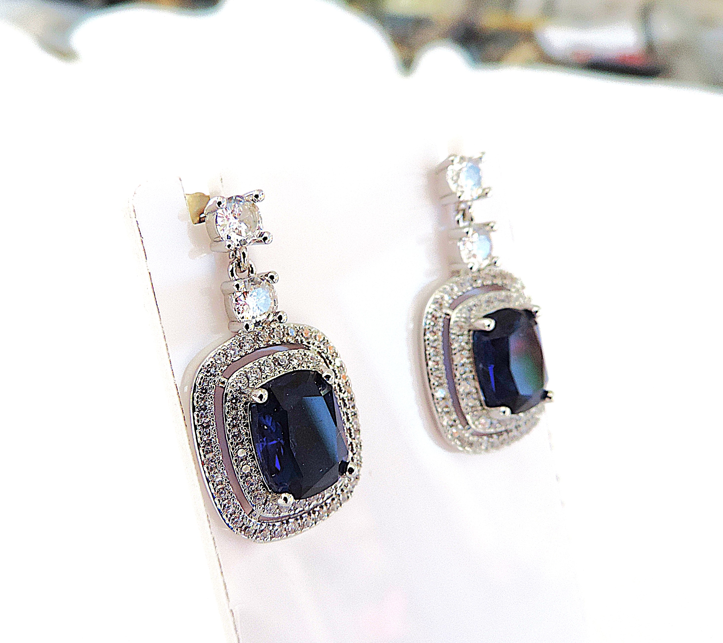 Orrevé Sapphire Blue & White Zircon Gemstone Drop Earrings 'New with Gift Box'