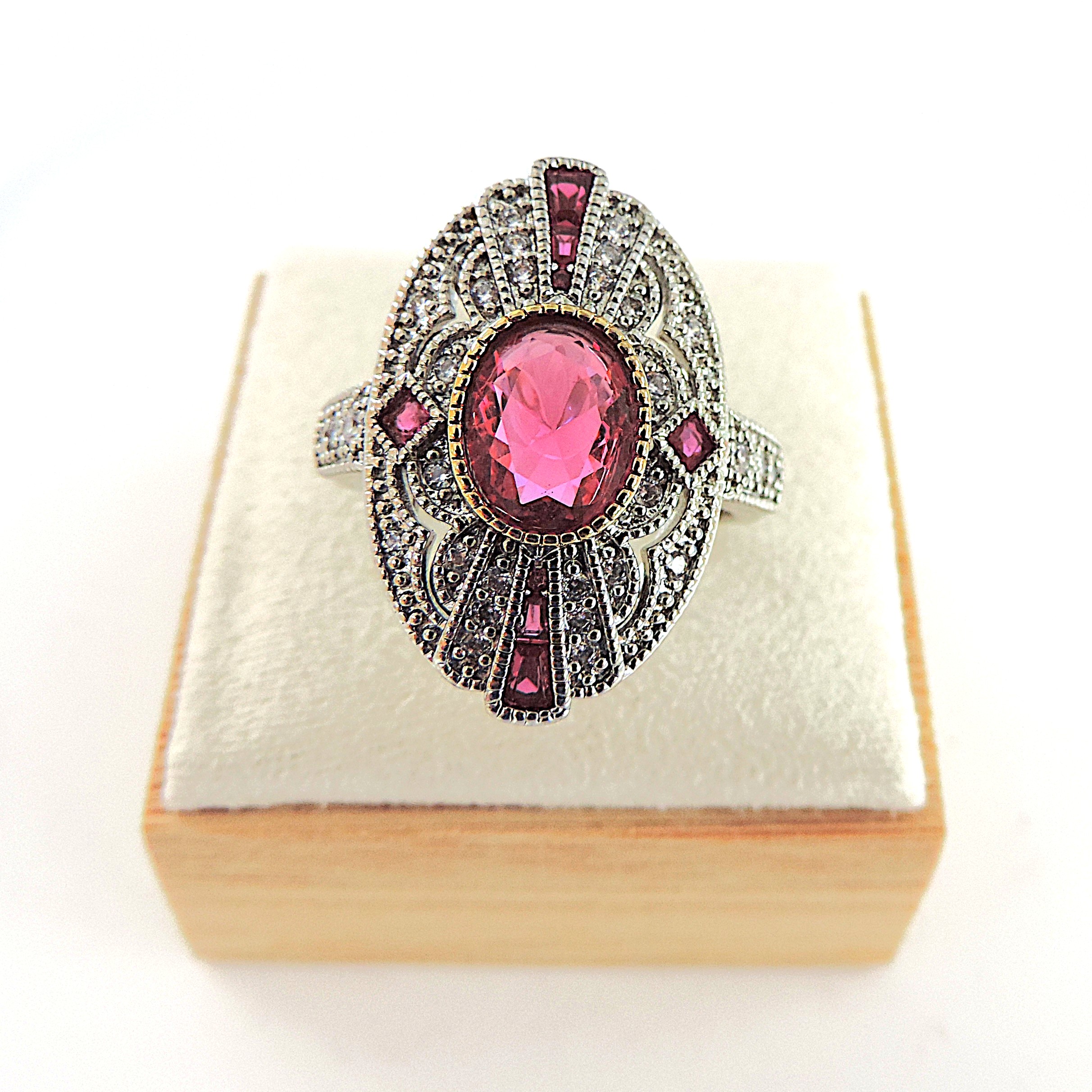 Art Deco Style Red & White Gemstone Ring