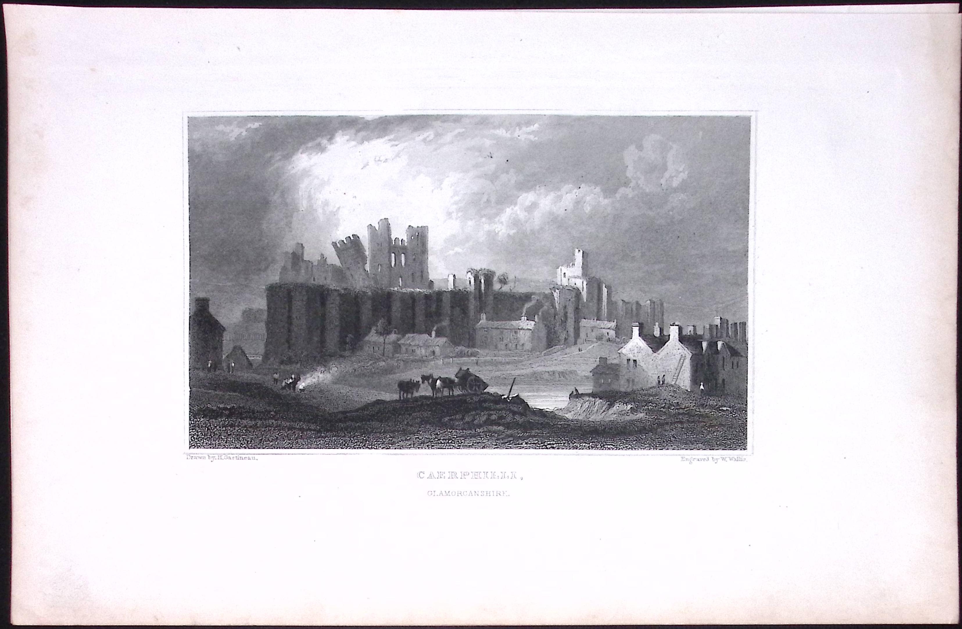 Wales-Caerphilly Castle Antique 166-Year-Old Steel Engraving-2