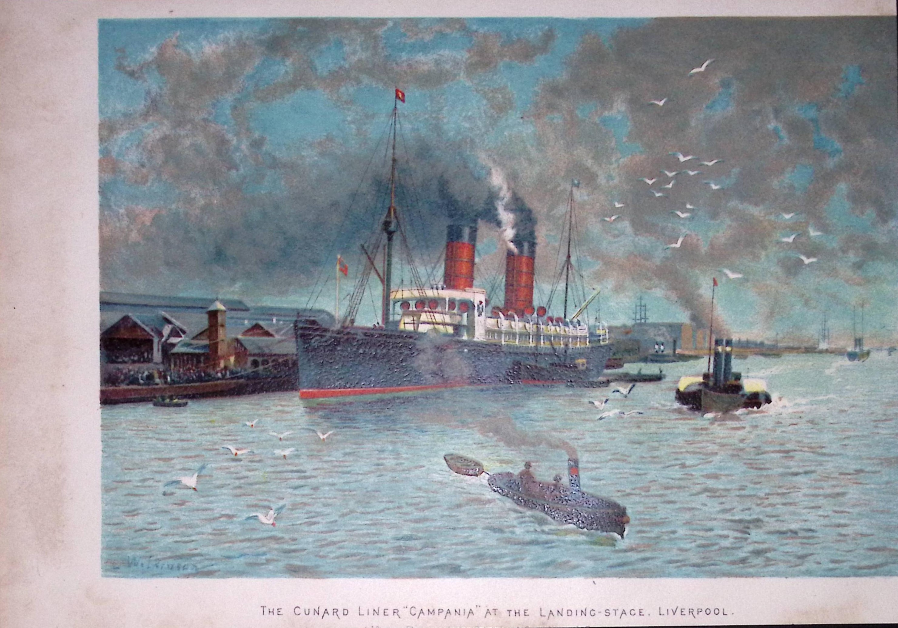 Liverpool Docks Landing Stage The Campania Ship Antique Chromolithograph 7-TR