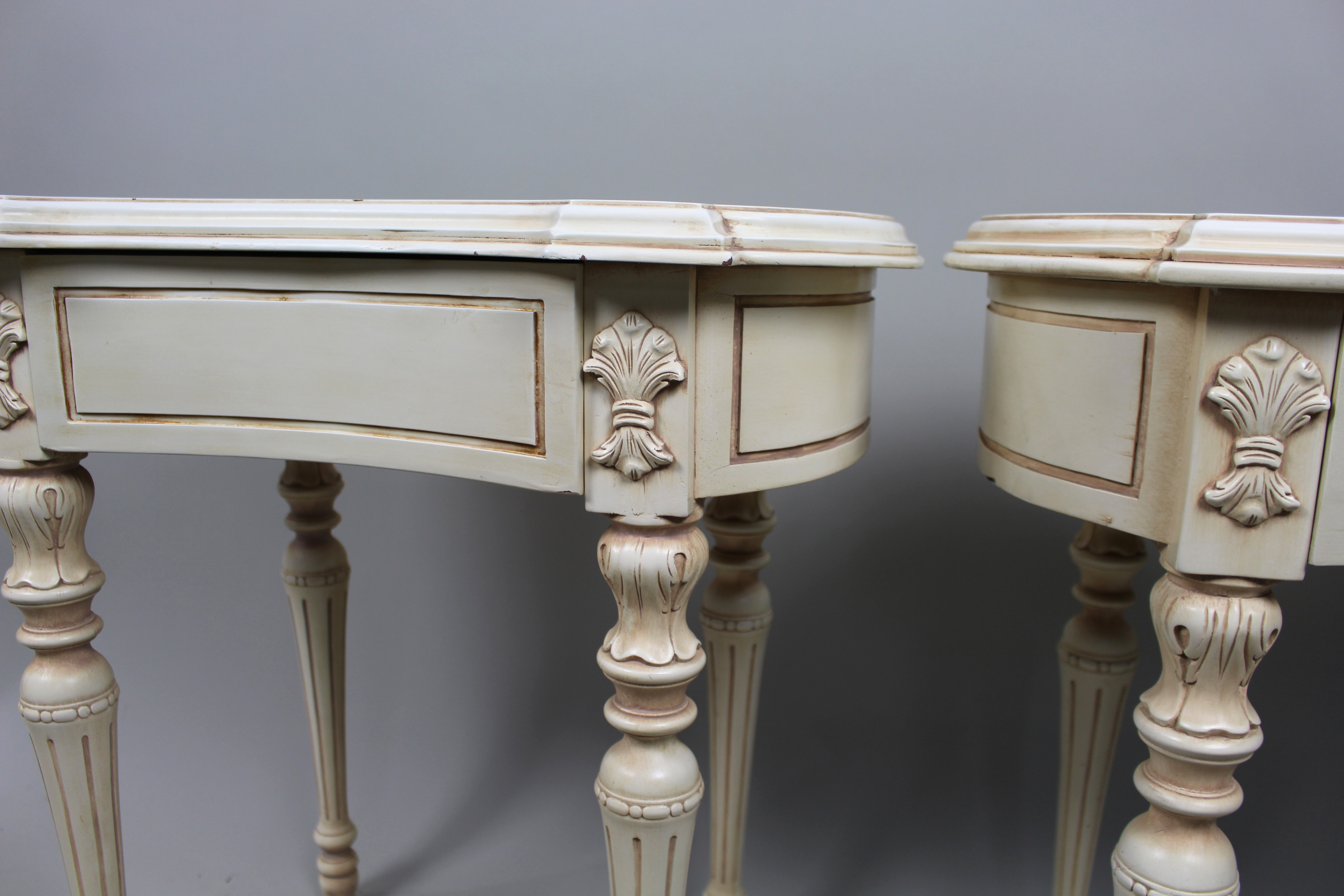 Pair of Cream Decapé Console Tables with Drawers