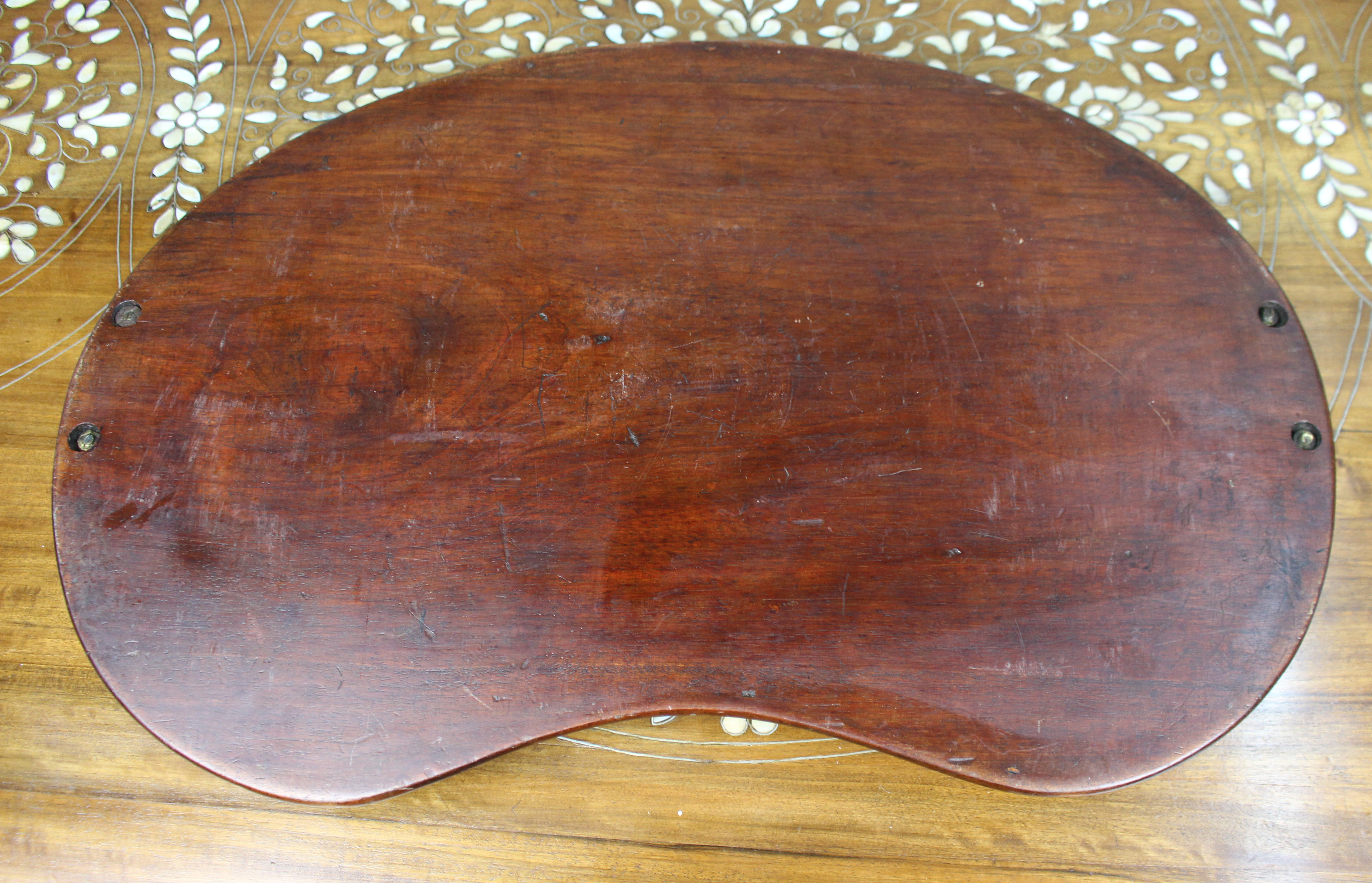 Antique Inlaid Wooden Tray with Brass Handles