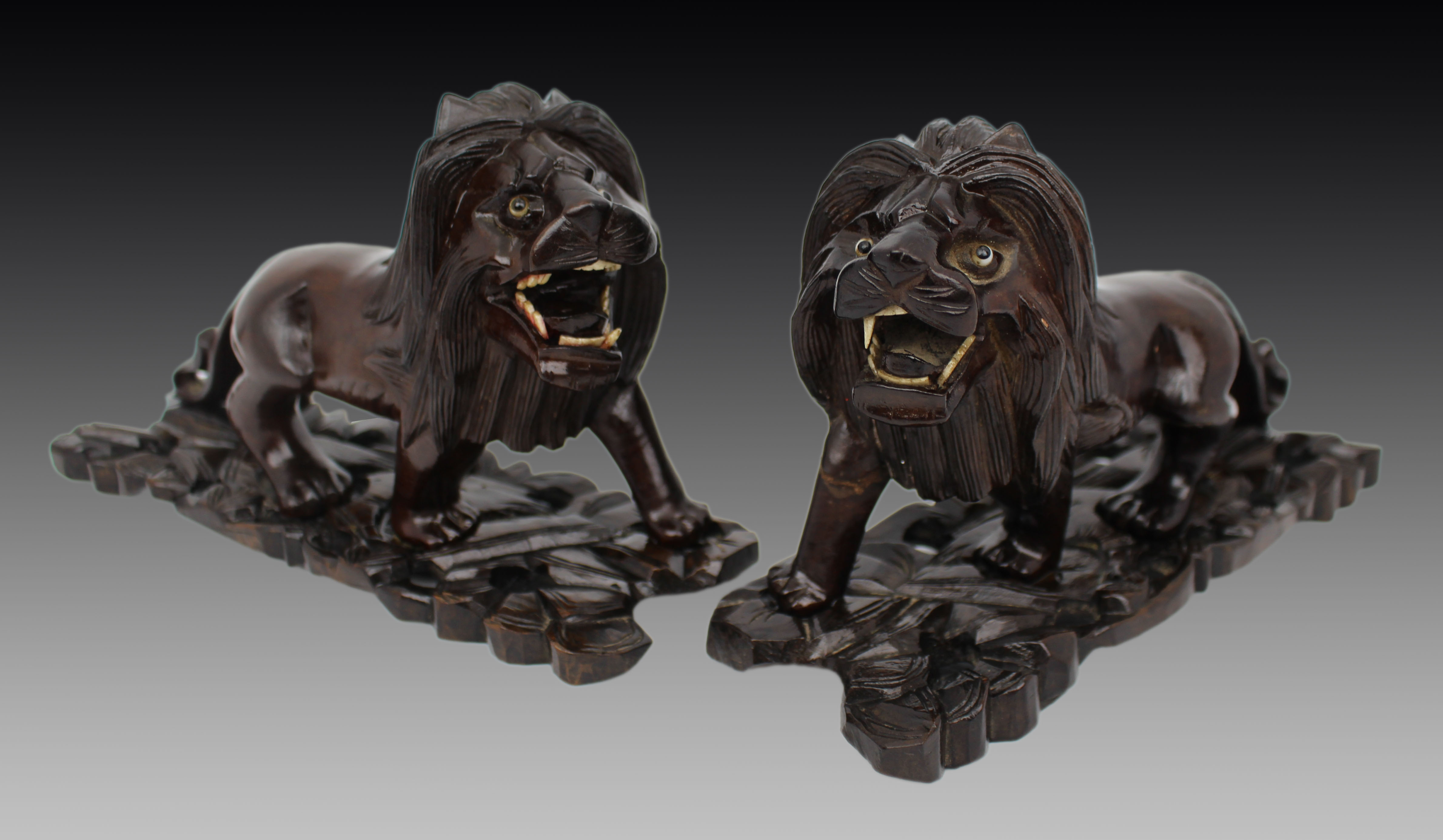 Pair of Antique African Carved Ironwood Lions c.1900