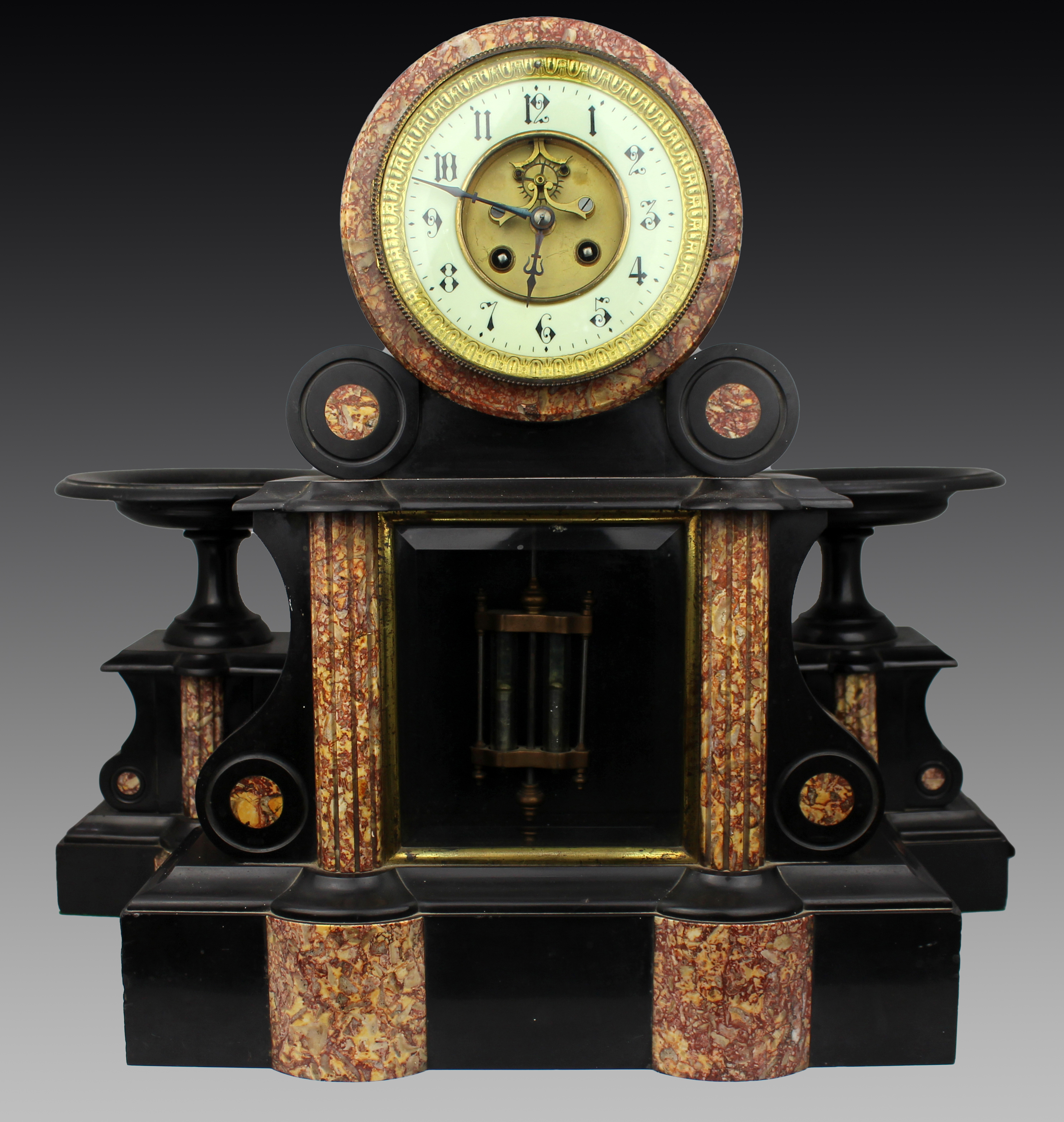 Mid-19th Century French Japy Frères Black Marble Clock Garniture Set