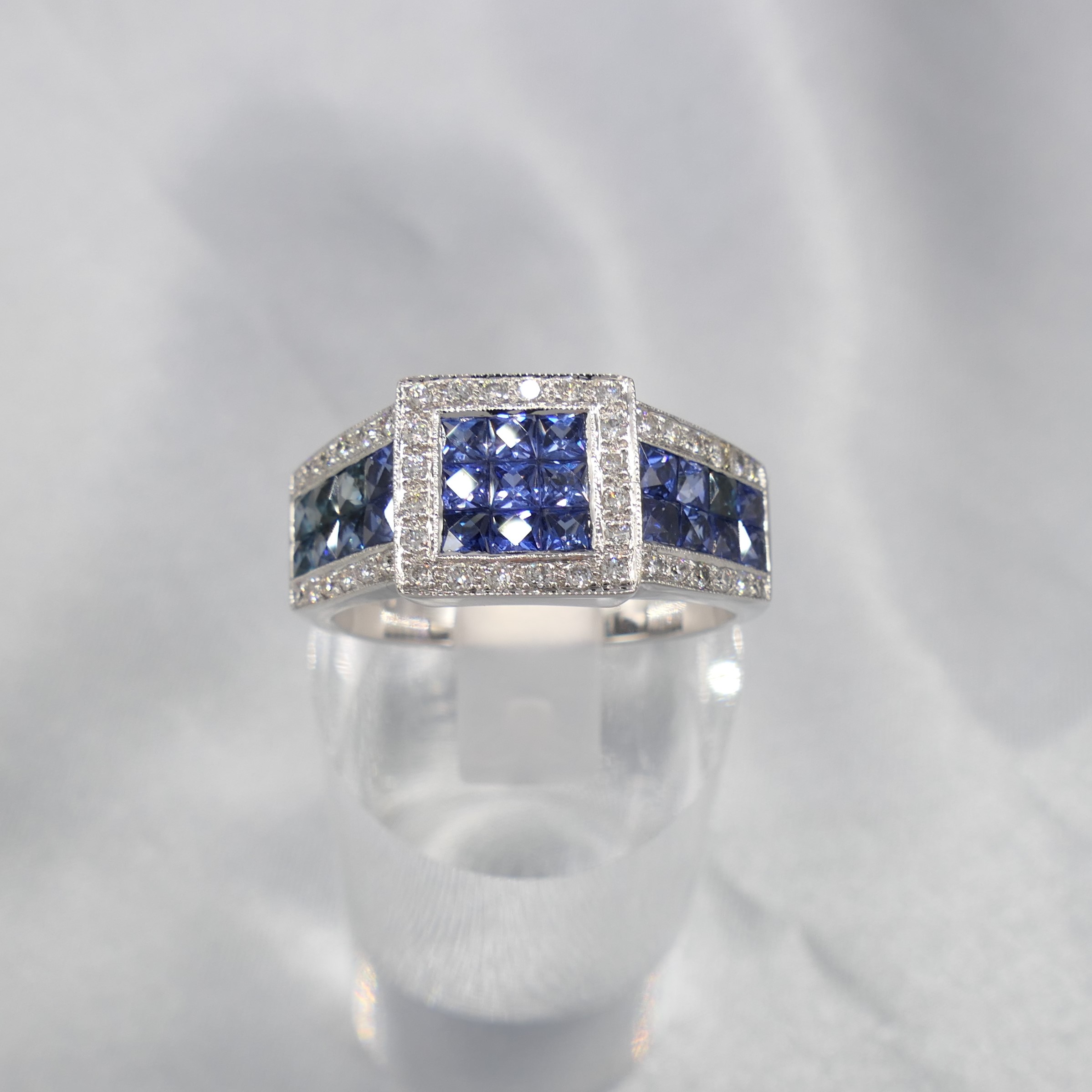 Art Deco-Style 18ct White Gold Calibre-Cut Sapphire and Round Brilliant-Cut Diamond Ring
