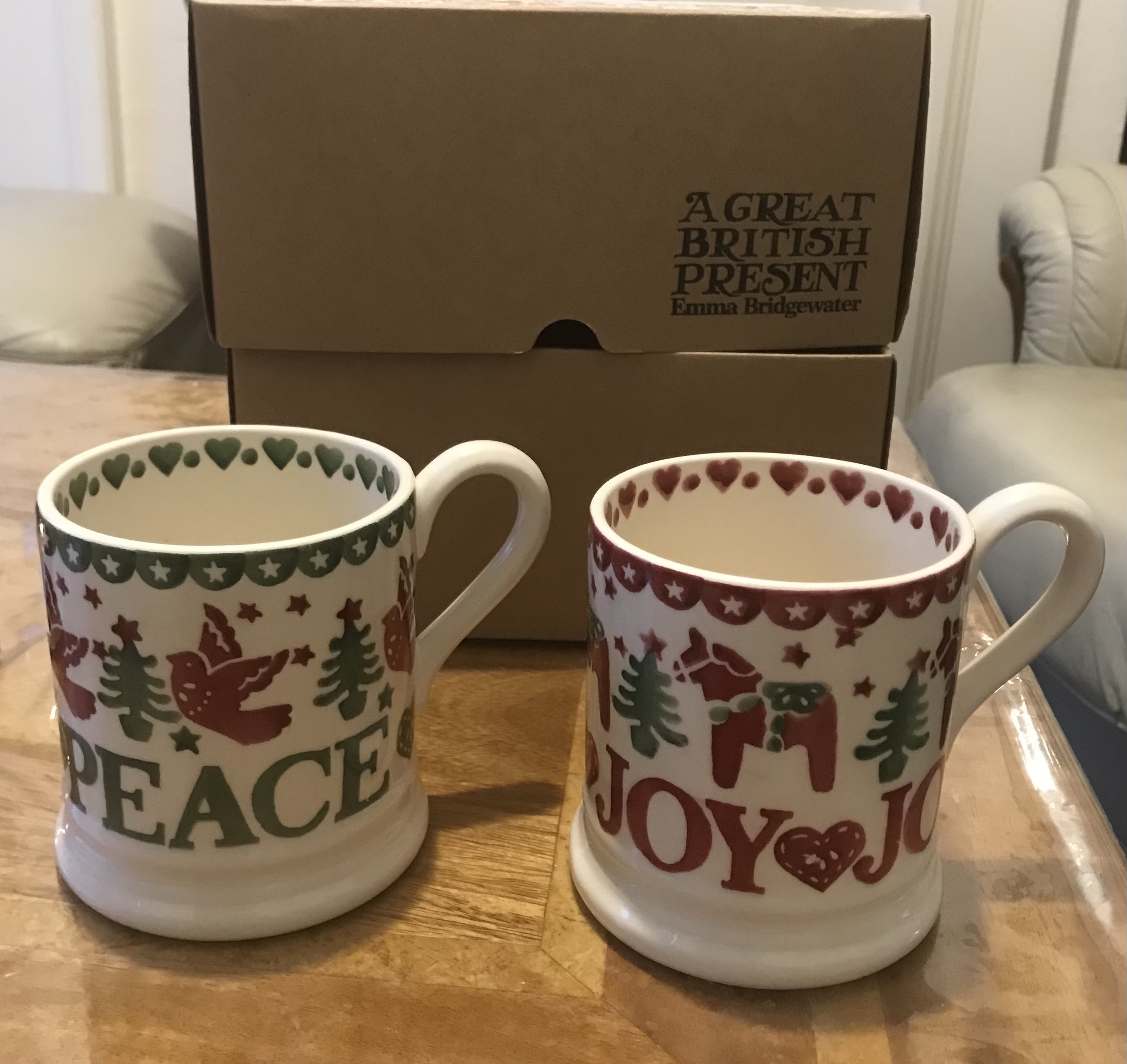 Emma Bridgewater Christmas Joy & Peace Half Pint Mugs, Set of 2, 280ml, Red/Multi
