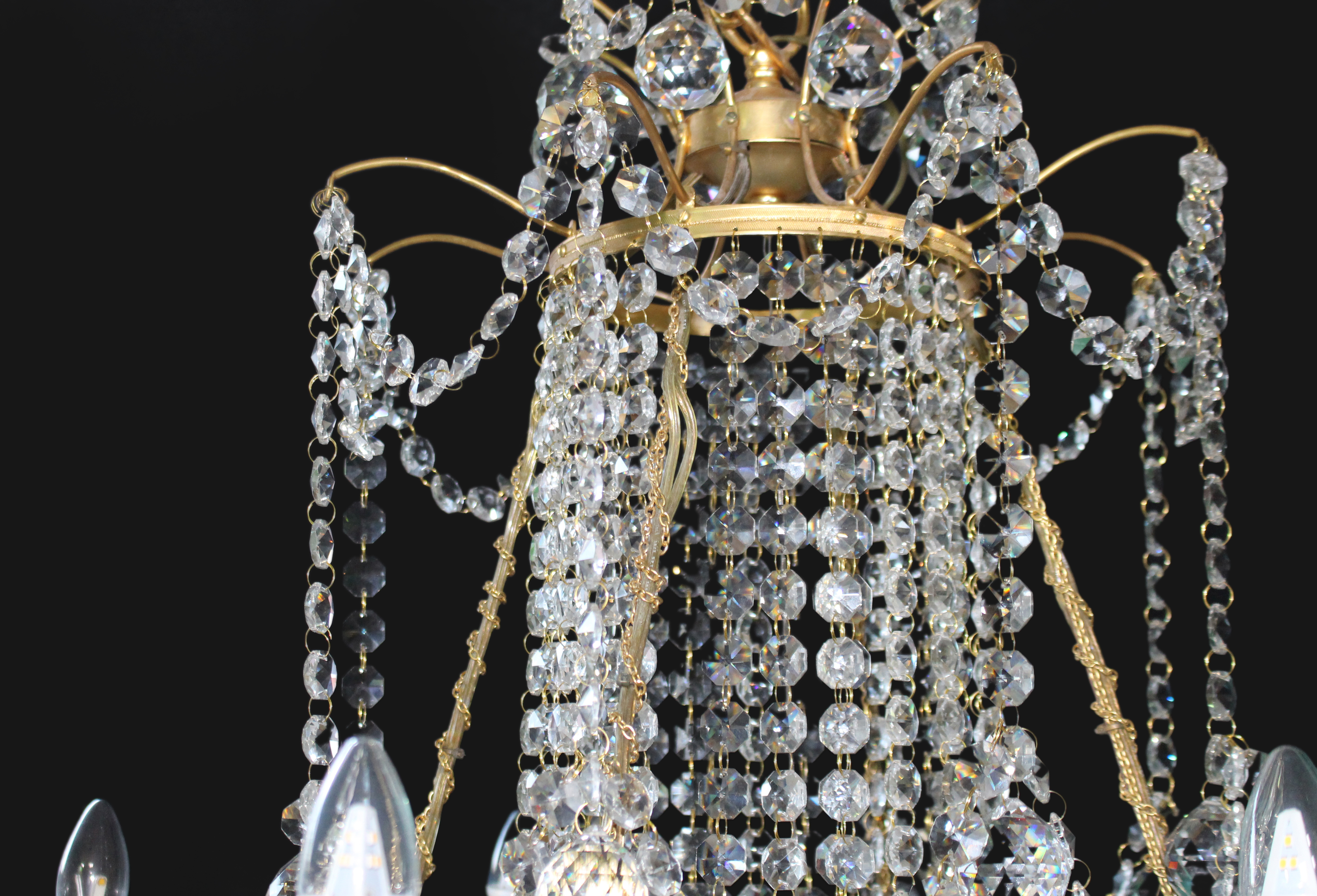 Large Empire Style Crystal and Ormolu Eight Light Chandelier
