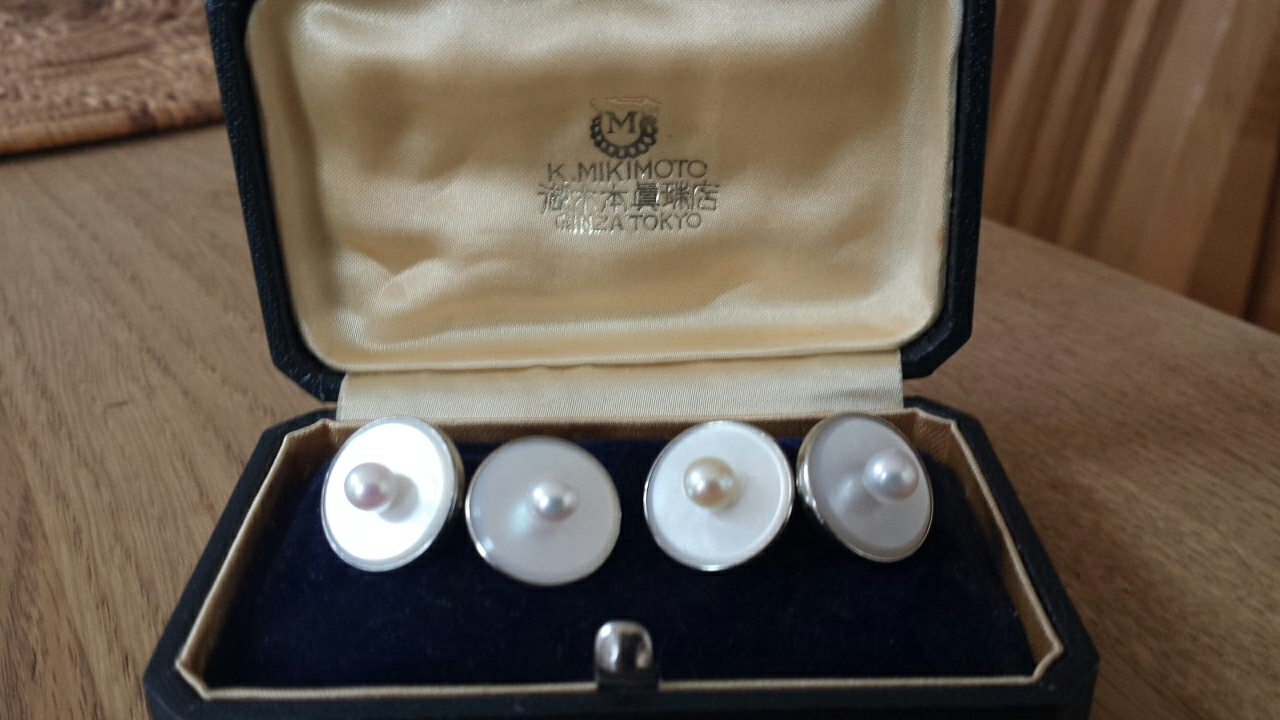 A Rare Pair of Vintage "14k" White Gold Mikimoto Pearl and Mother-of-Pearl Cufflinks