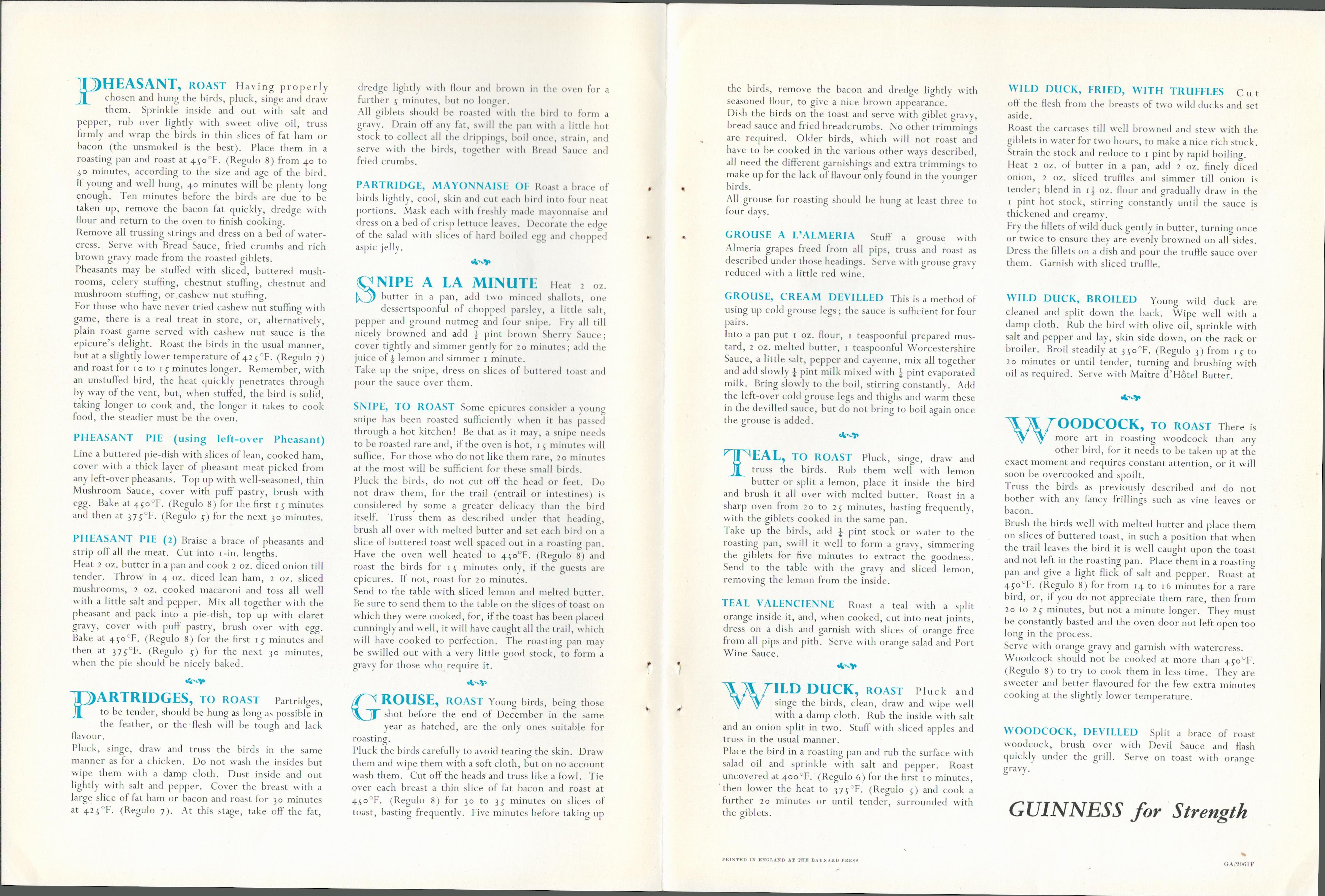 Double Sided Vintage 1961 Guinness Print 'Game Bird Recipes"Double Sided 1961 Guinness Advertisement