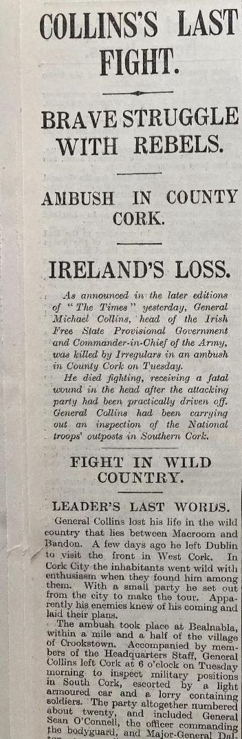 Michael Collins Shot Dead Ambushed By Ira Rebels 1922 NewspaperOriginal Complete Edition Of The