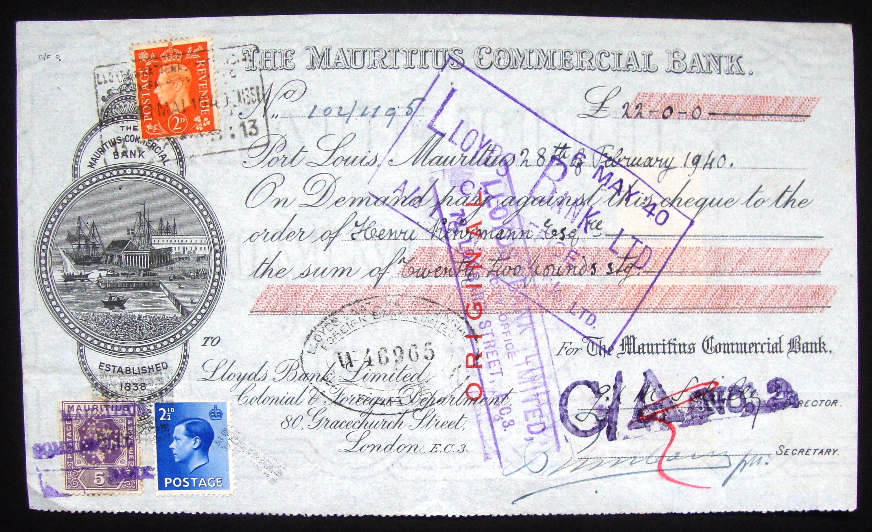 World War II Rare Cheque