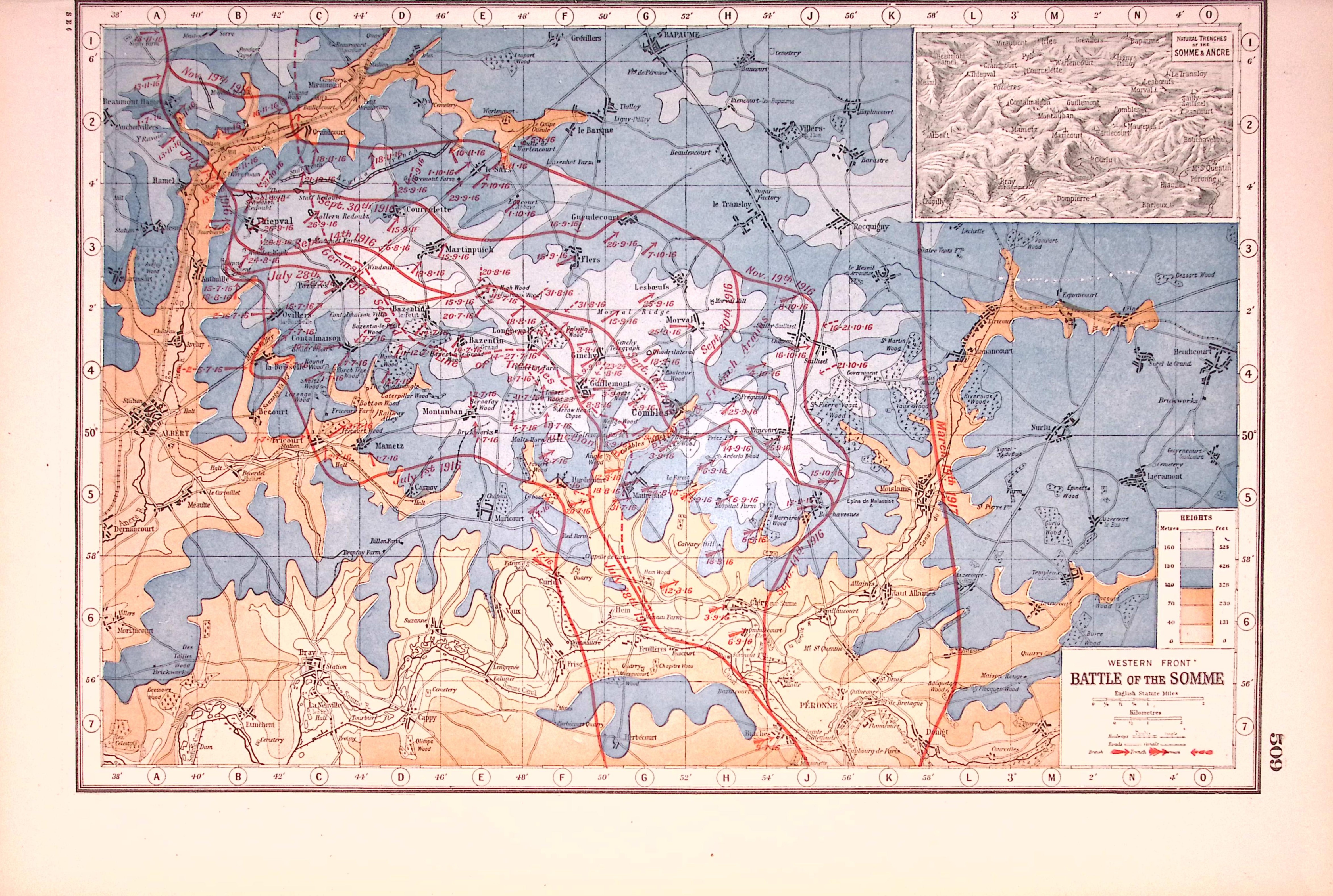 WW1 Western Front Battle of The Somme Battle Lines Antique 1922 Coloured Map-509