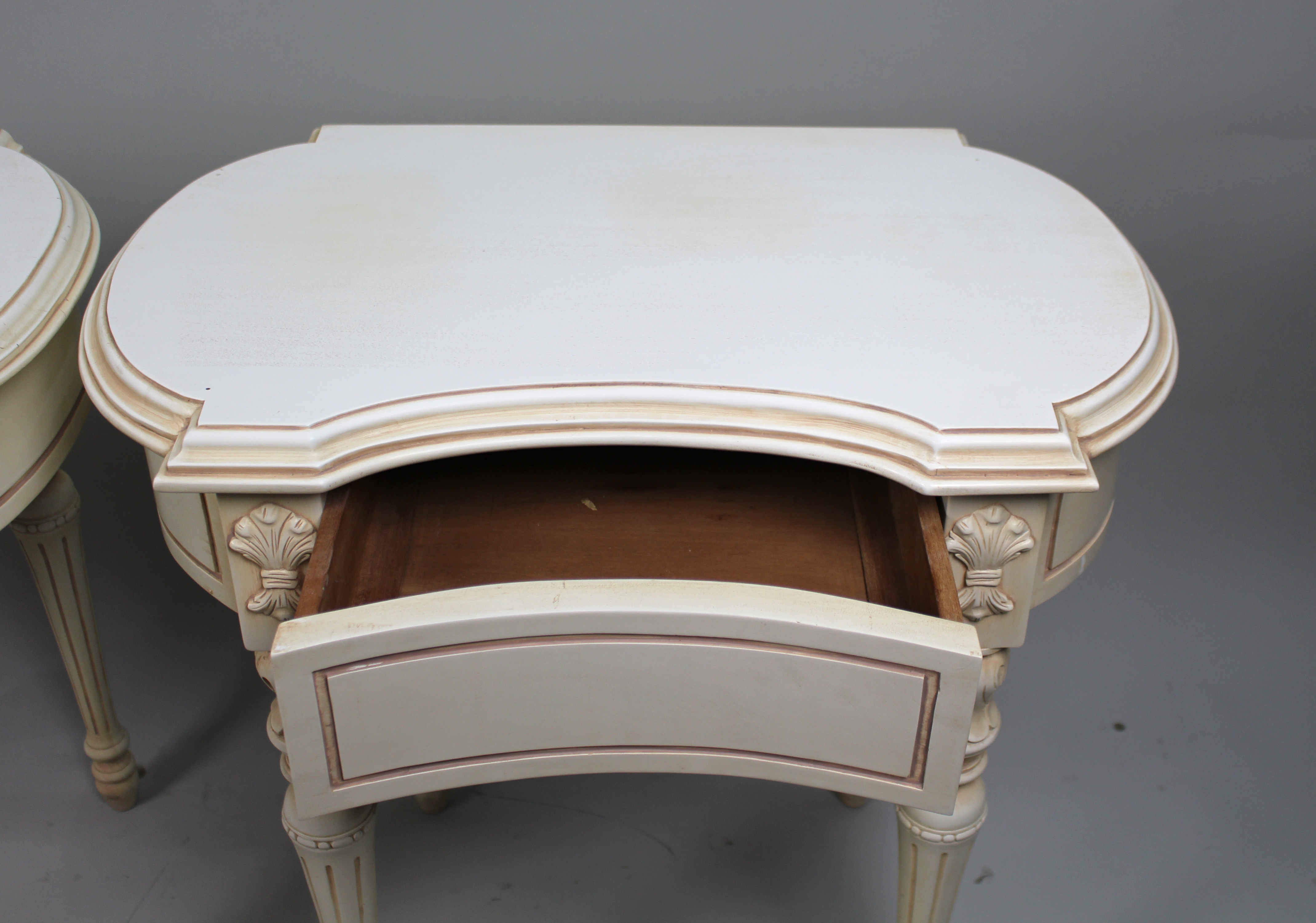 Pair of Cream Decapé Console Tables with Drawers