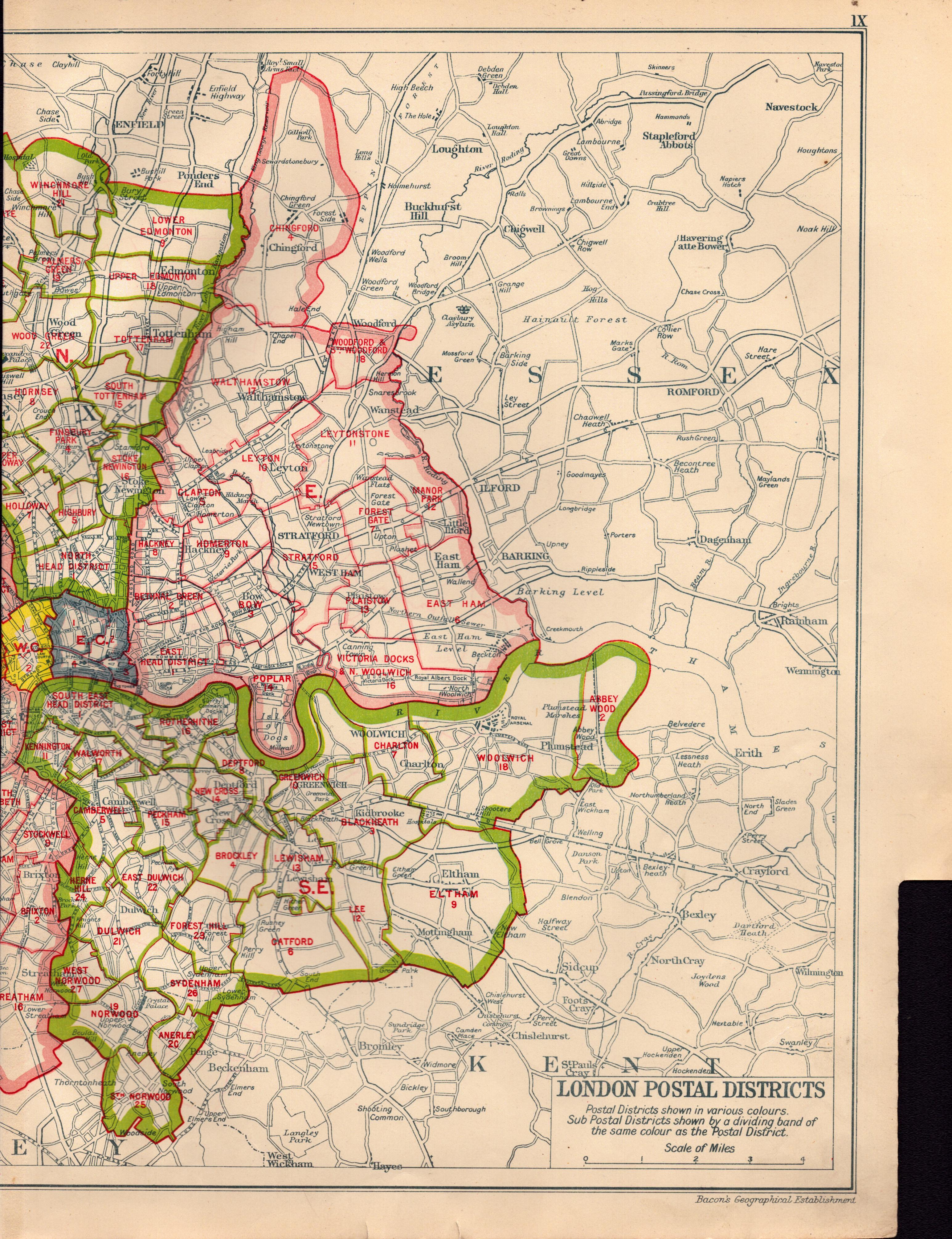 Bacons Vintage London Metropolitan Postal Districts Coloured Map.