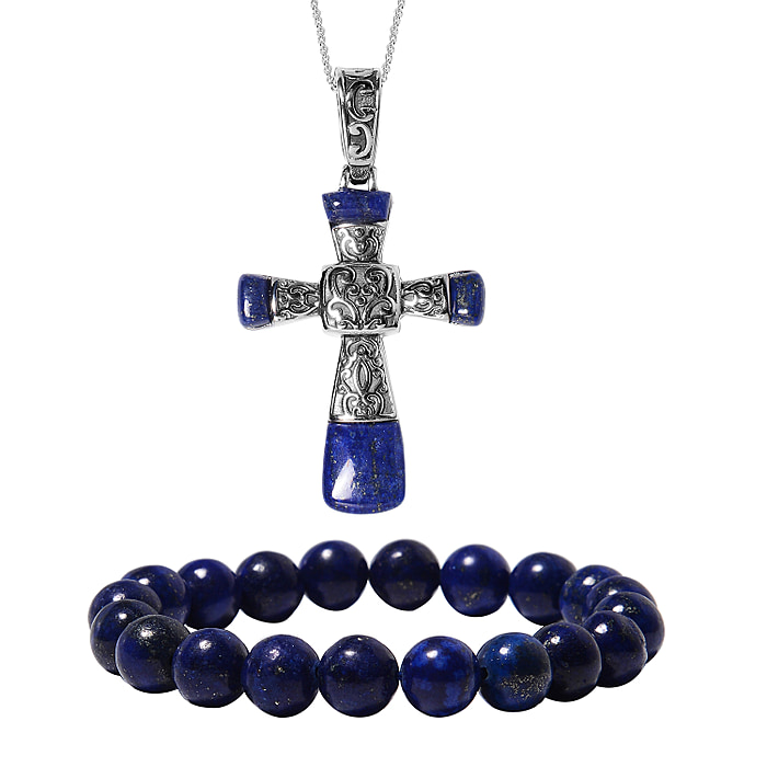 NEW! 2 Piece Set - Lapis Lazuli Stretchable Bracelet & Cross Pendant