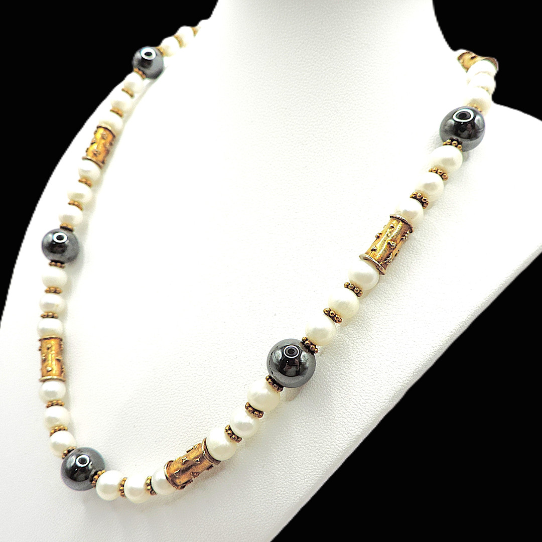 Akoya Cultured Pearl Necklace Gold On Silver Beads & Clasp
