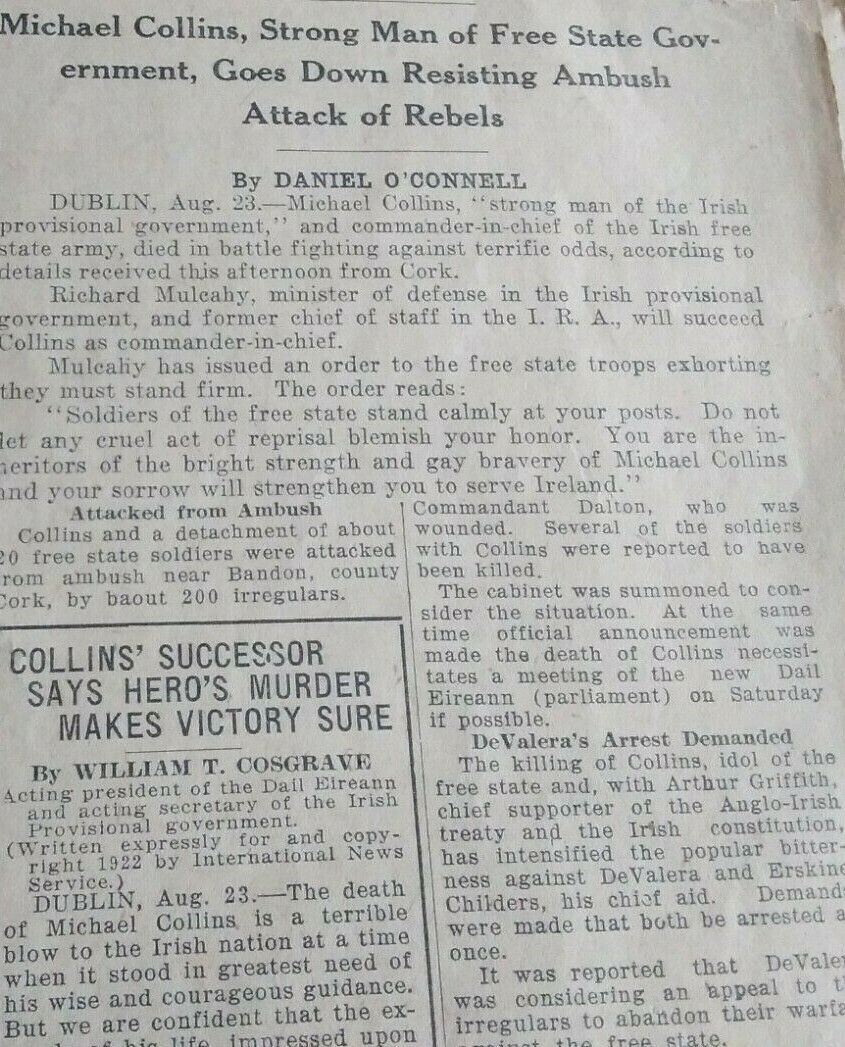 Michael Collins Shot Dead In Ira Ambush Battle B_Al Na BlšTh Cork 1922This American Daily