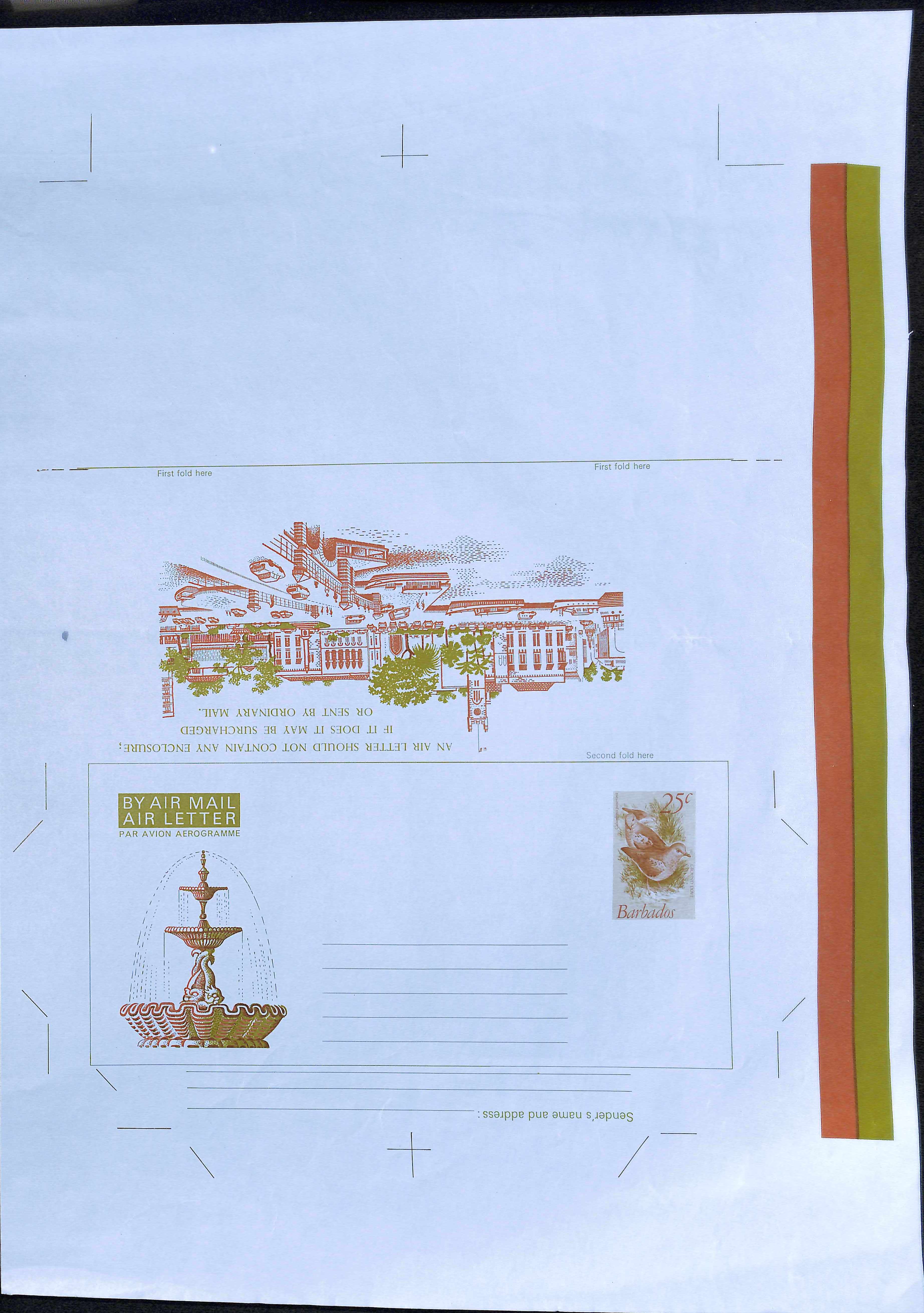 Barbados 1980 Dove 25c Aerogramme featuring a fountain and harbour side view on reverse: unguillotin