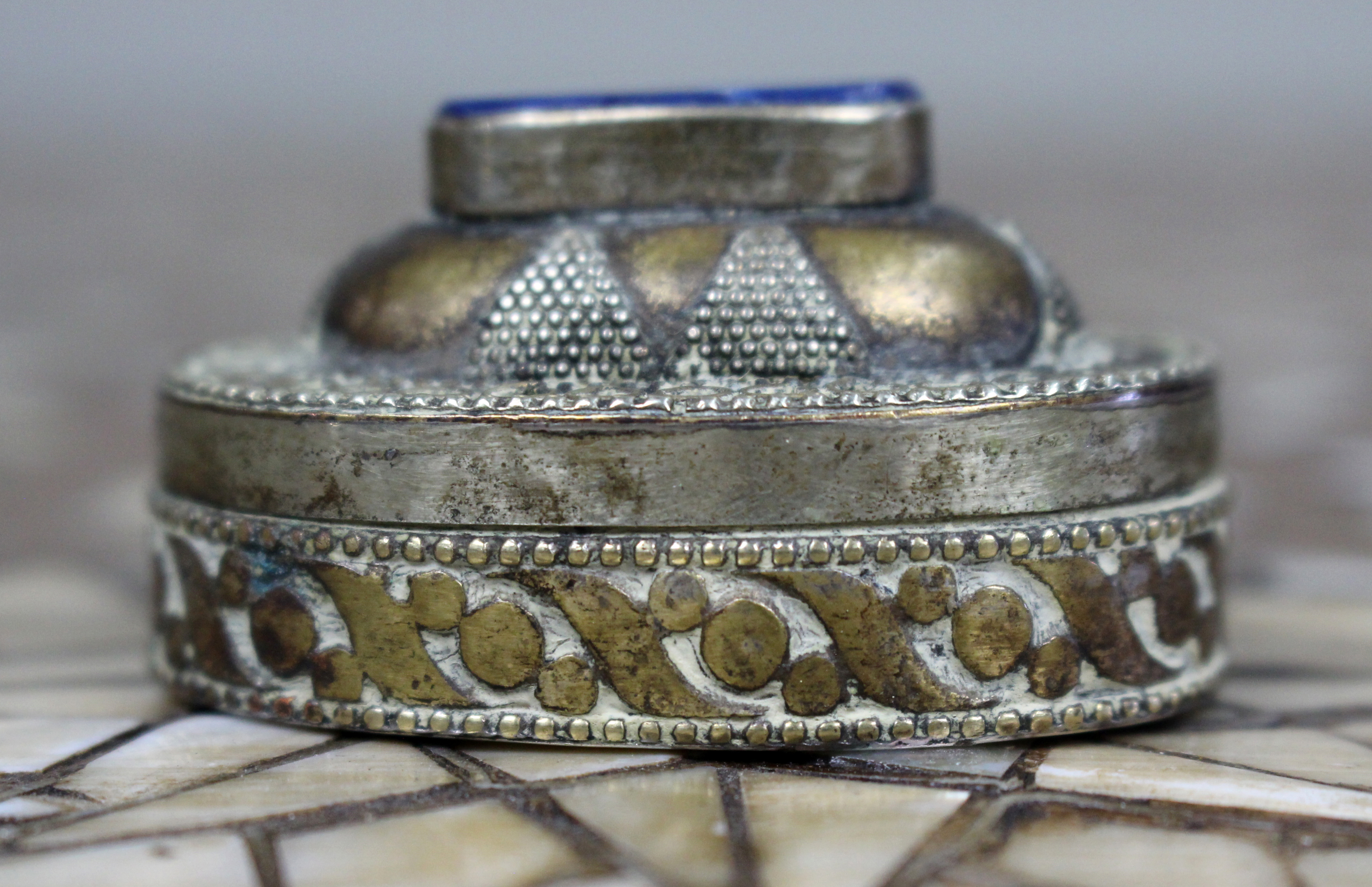 Antique Lapis Islamic Metal Kohl Snuff Box
