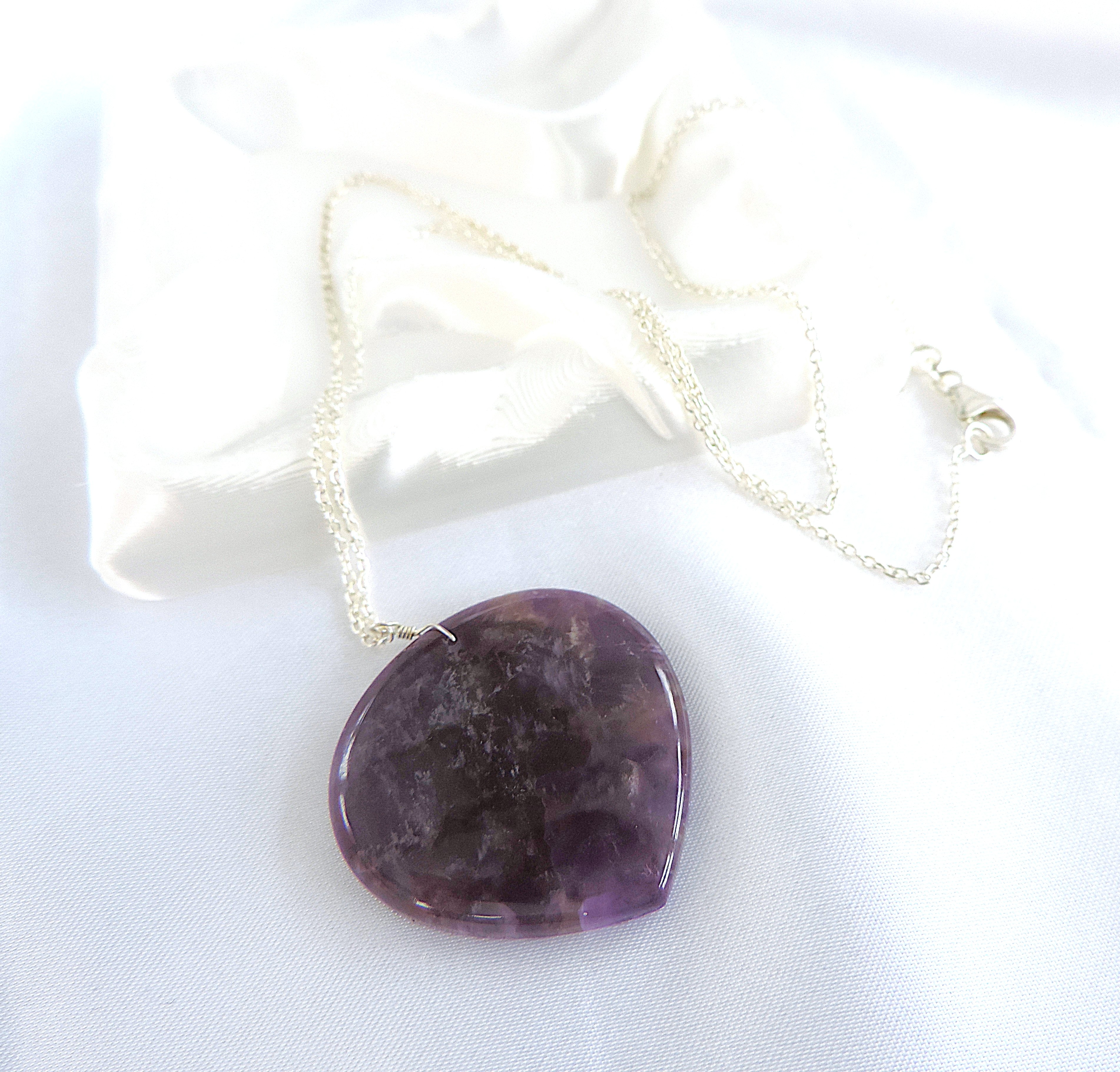 Polished Amethyst Gemstone Heart Necklace on 20 Inch 925 Silver Chain