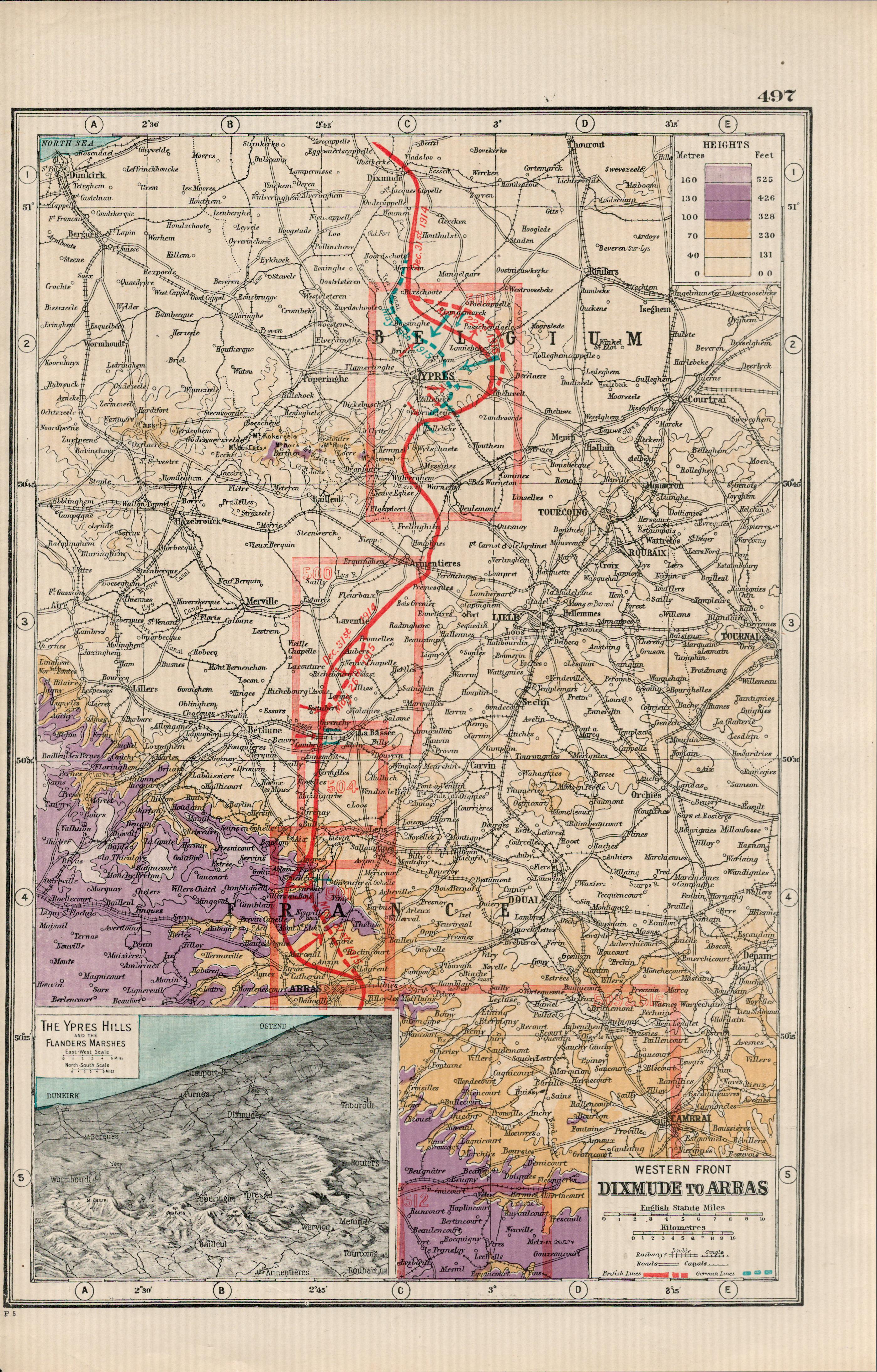 WW1 The Western Front Dixmude to Arras Coloured 1922 Antique Map-497