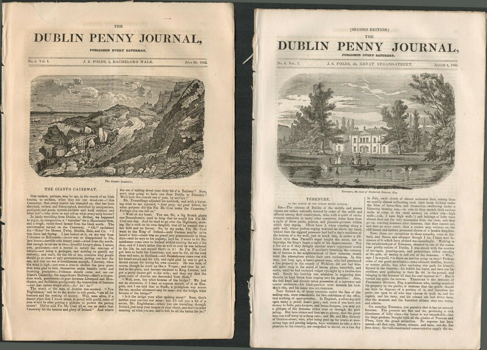 2 Antique Editions 1832 Dublin Penny Journal Giants Causeway -142 Original Antique Editions Of The