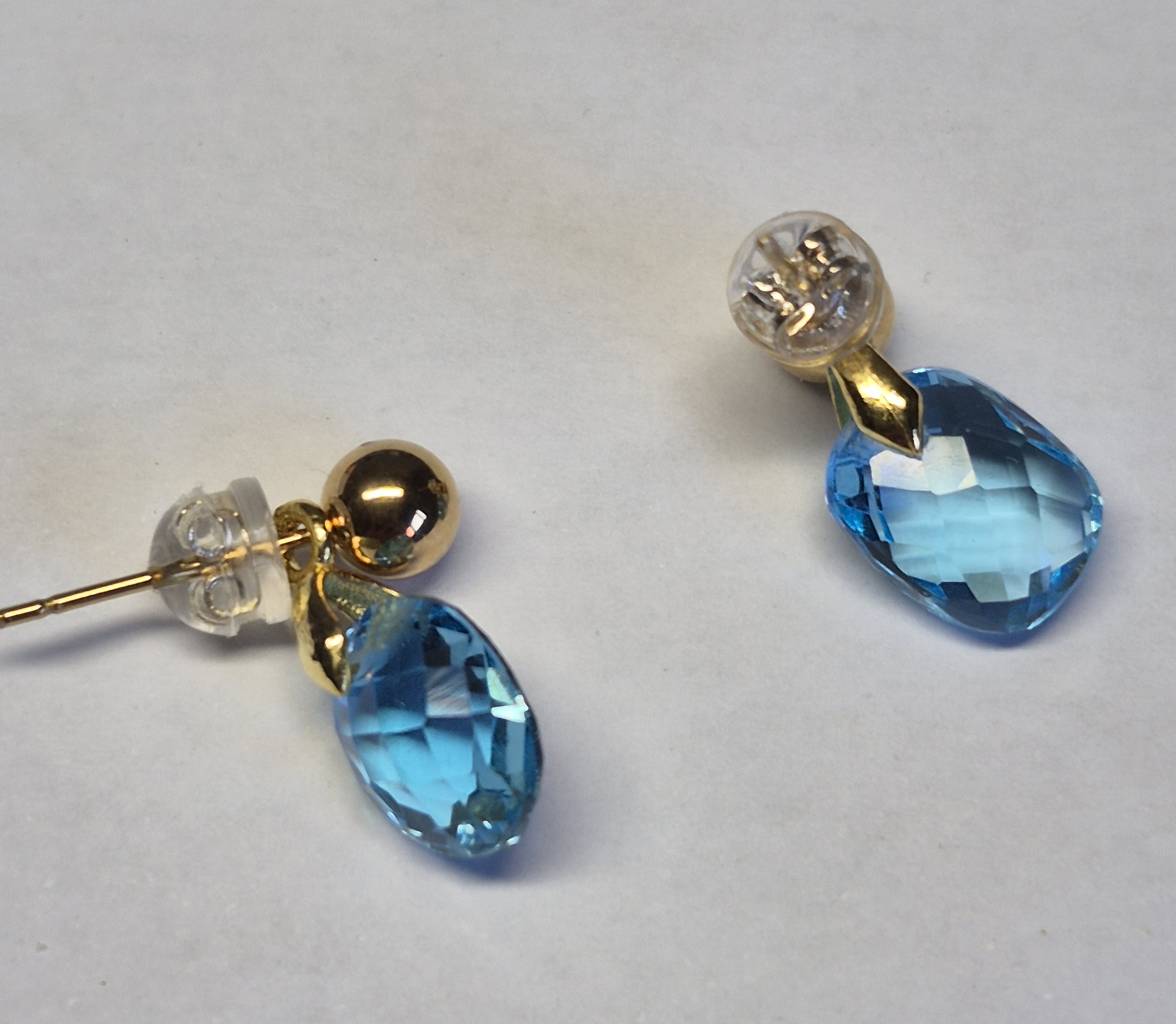 Natural Swiss Blue Topaz Drop Earrings – 10x8 mm Faceted Gemstones, Gold Tone Stud Design