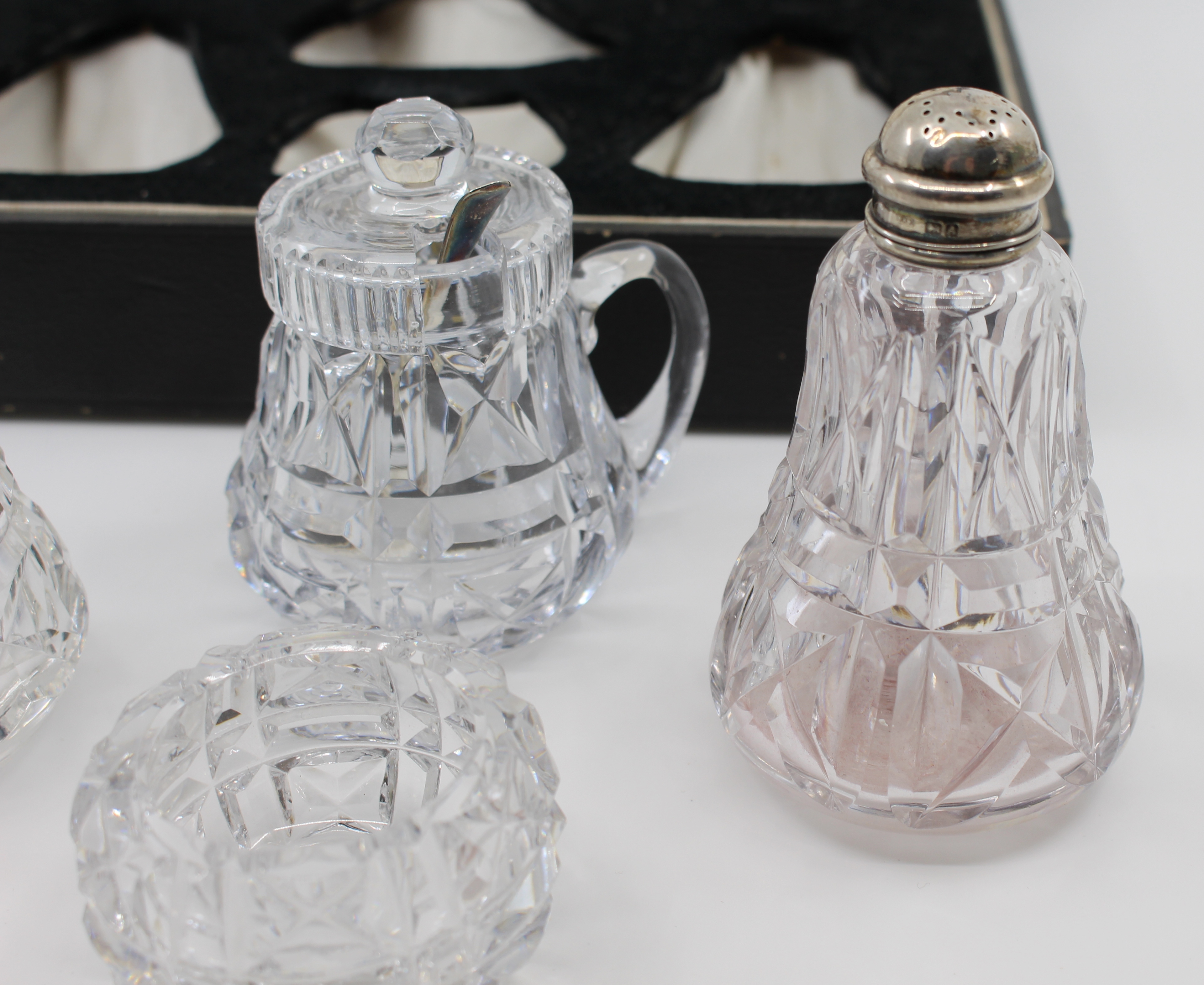 Cased John Walsh Crystal & Silver Cruet Set 1925