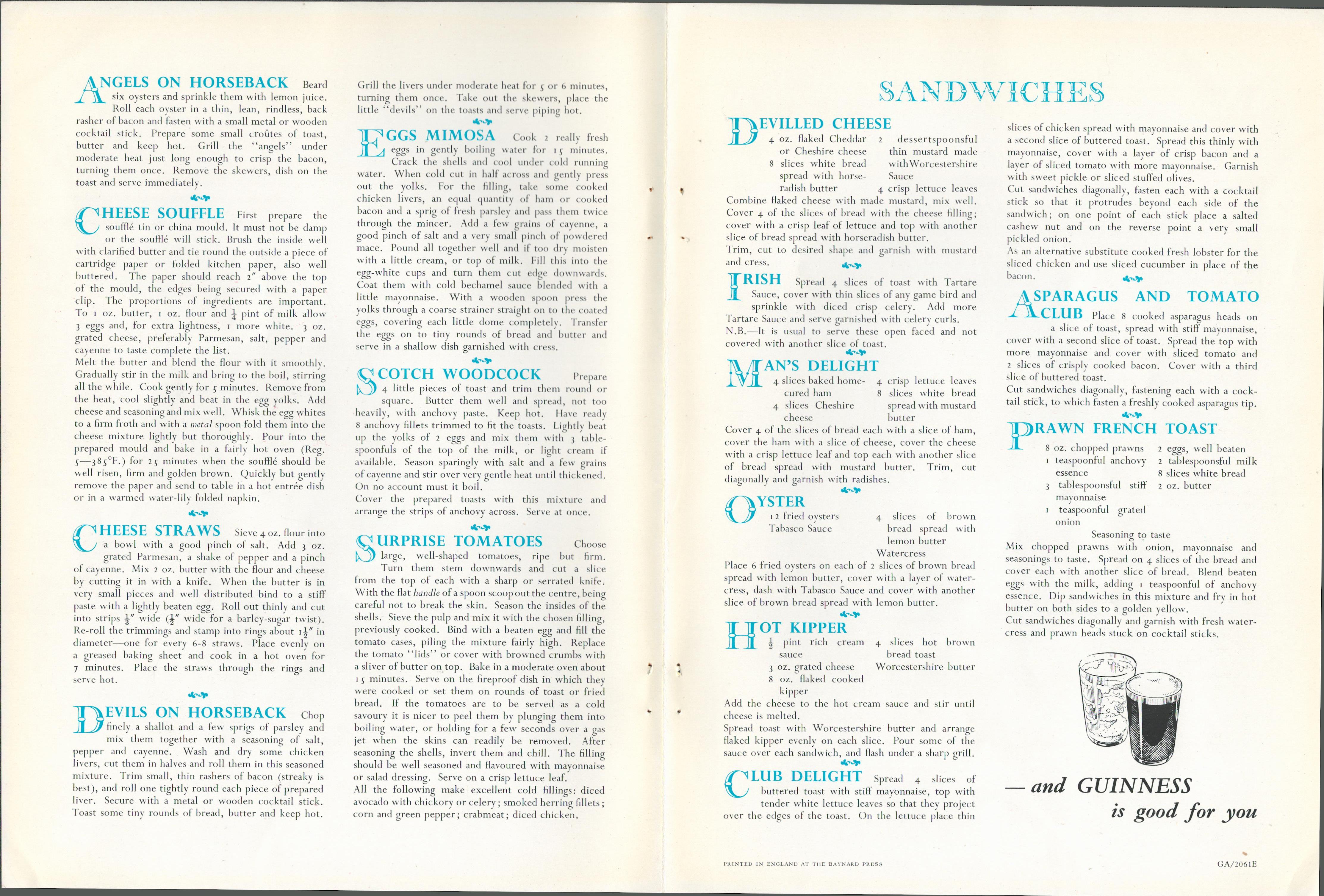 Double Sided Vintage 1961 Guinness Advertisement Print 'savouries & Sandwiches'Double Sided 1961