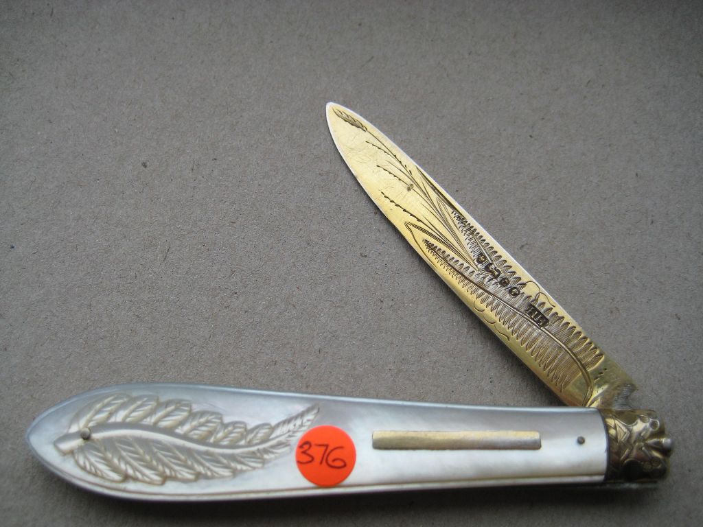Rare Victorian Mother of Pearl Hafted Silver-Gilt Bladed Folding Fruit Knife, Sheffield 1874