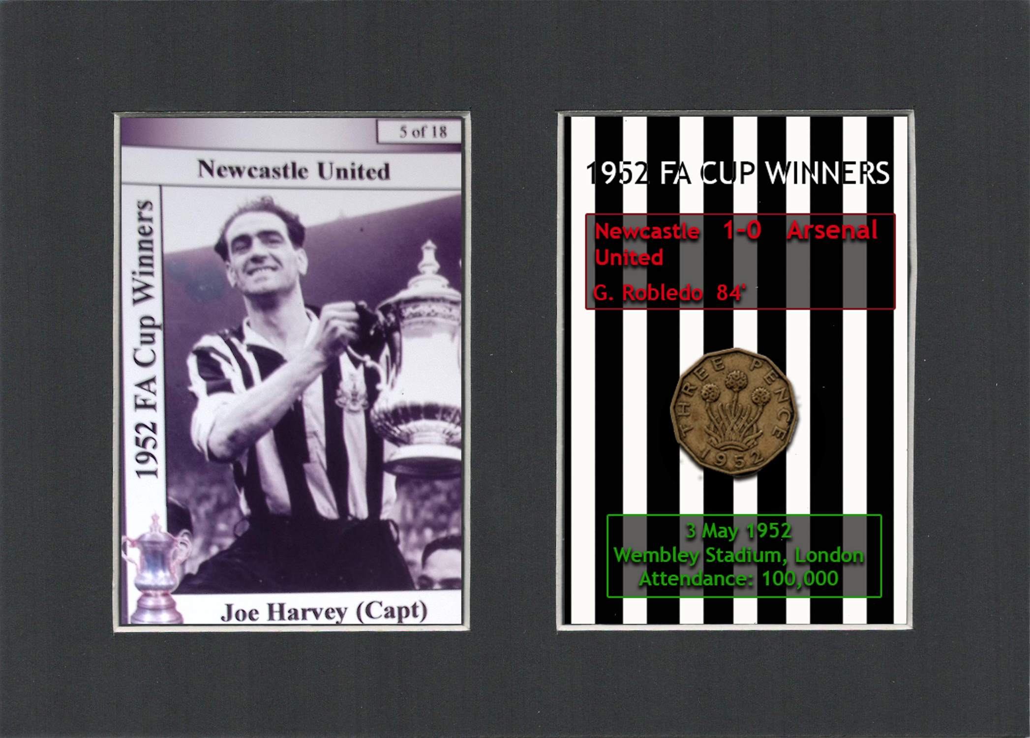 Joe Harvey Manager Newcastle 1952 Winners Mount & Penny Coin Metal Art.