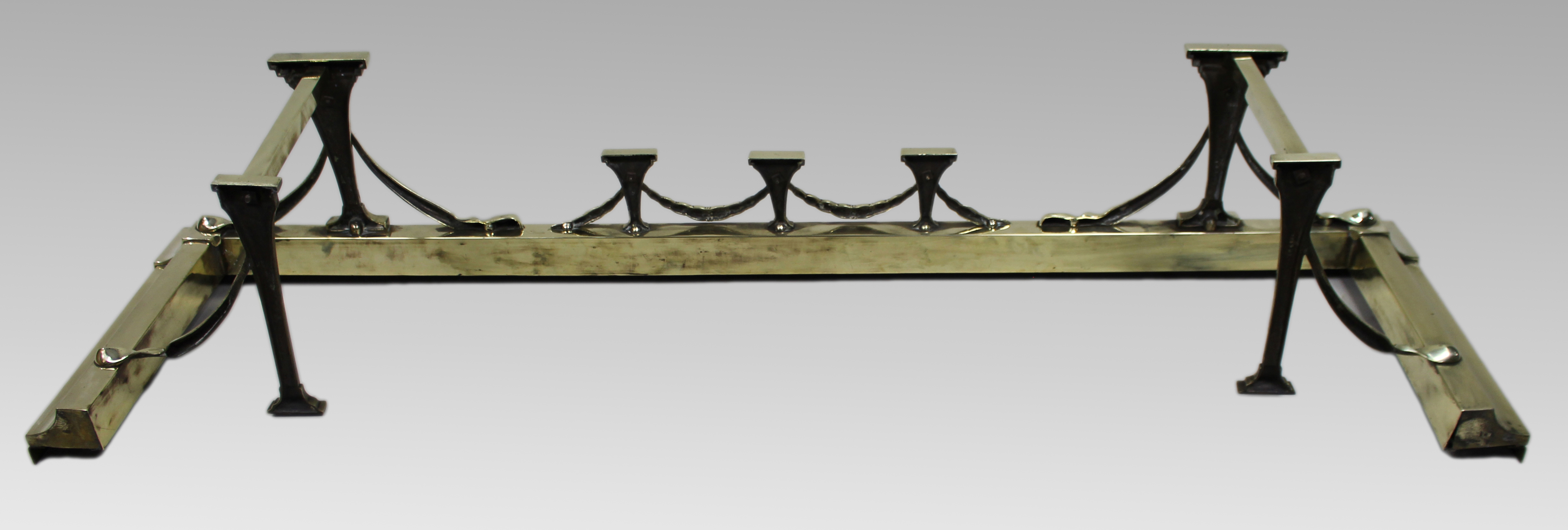 Antique Edwardian Brass Fireplace Fender & Matching Fire Irons