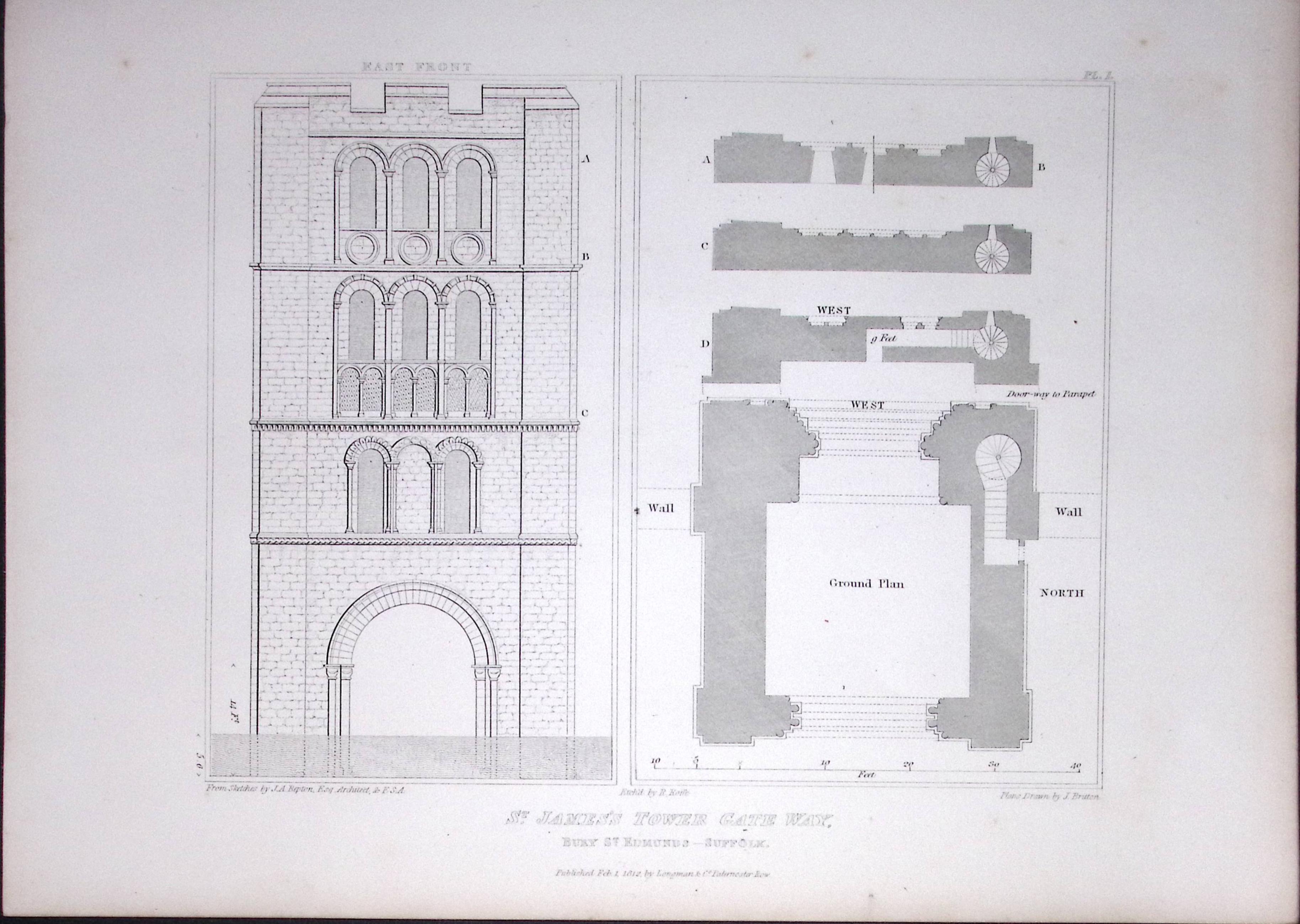 St James Tower Bury St Edmunds 190 Years-Old John Britton Antique Steel Engraving-172