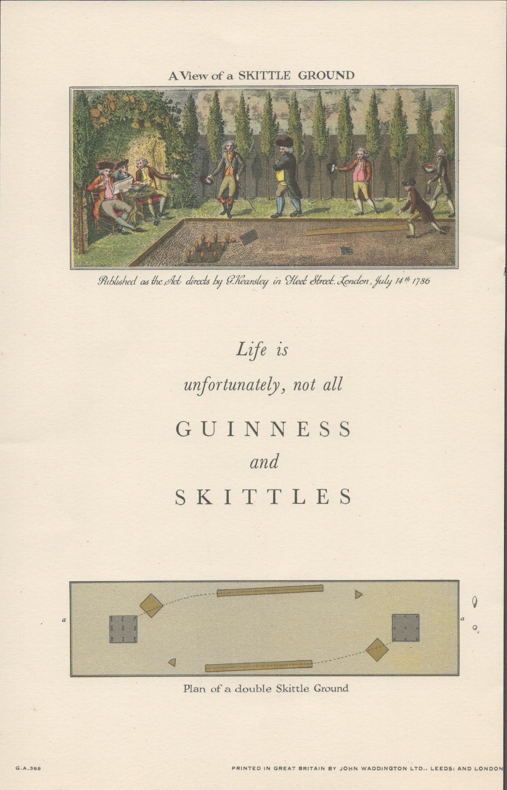 Double Sided Guinness Print 1934 "Guinness & Skittles"A Genuine Double Sided Lithographed Colour