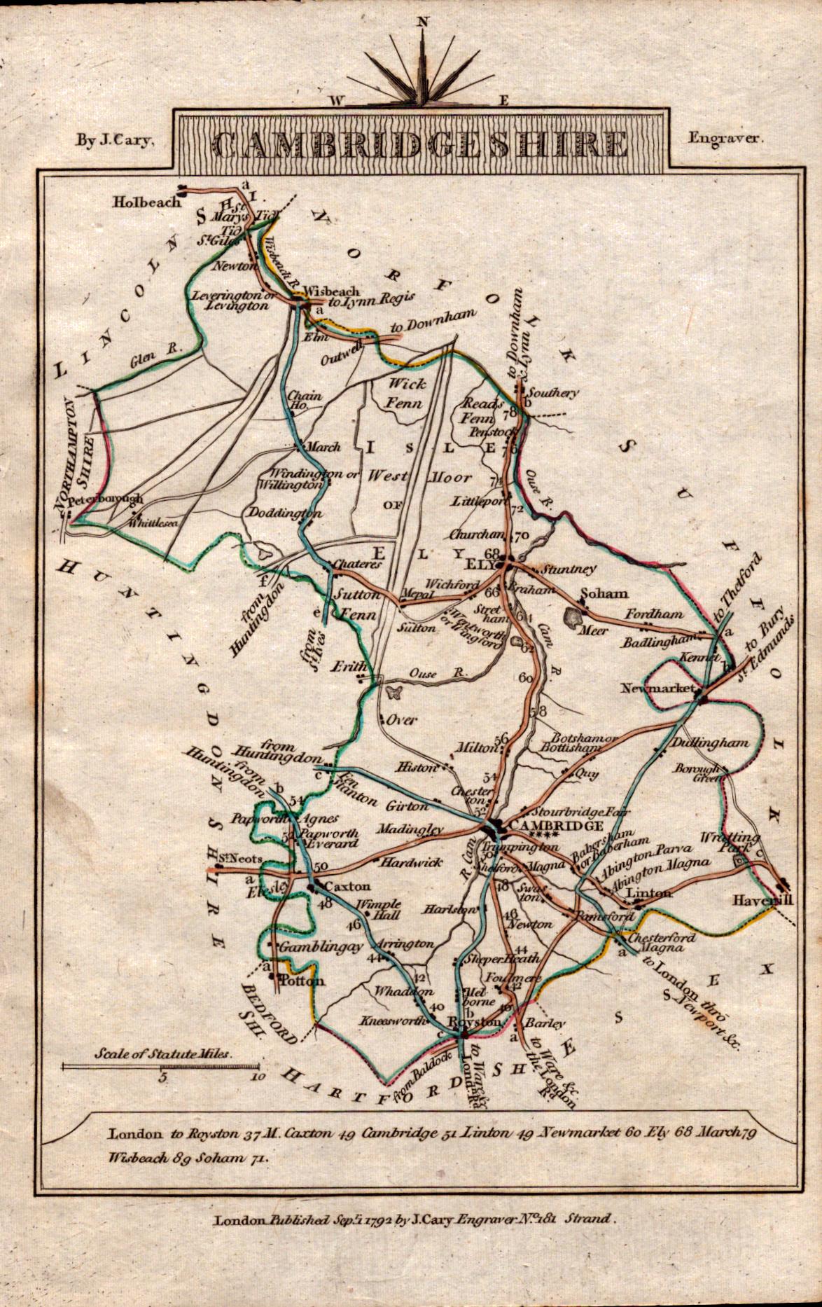 Cambridgeshire John Cary’s 1792 Antique George III Coloured Engraved Map.