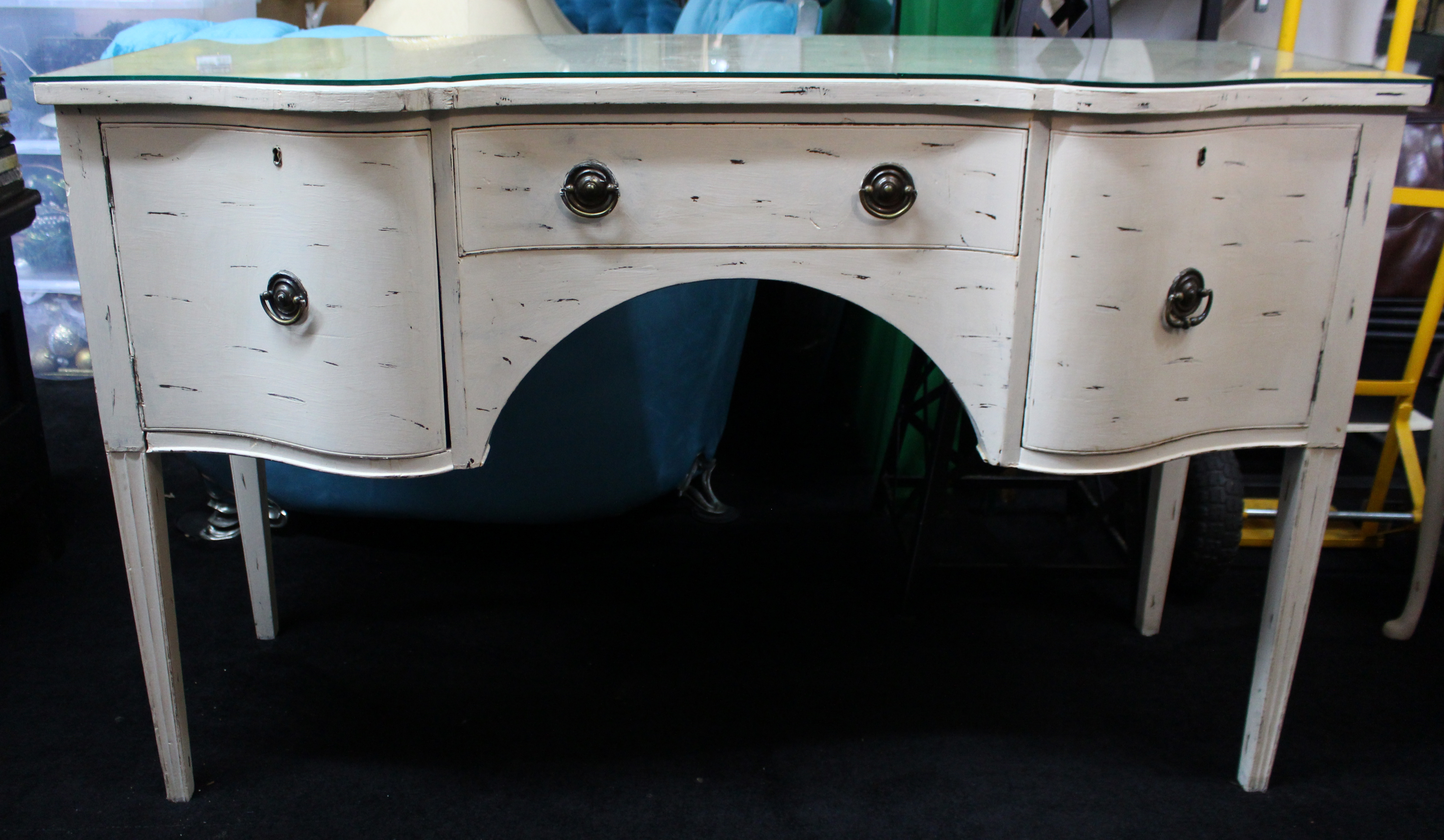 Vintage Painted Dressing Table with Stool – Distressed Cream Finish, Glass Top