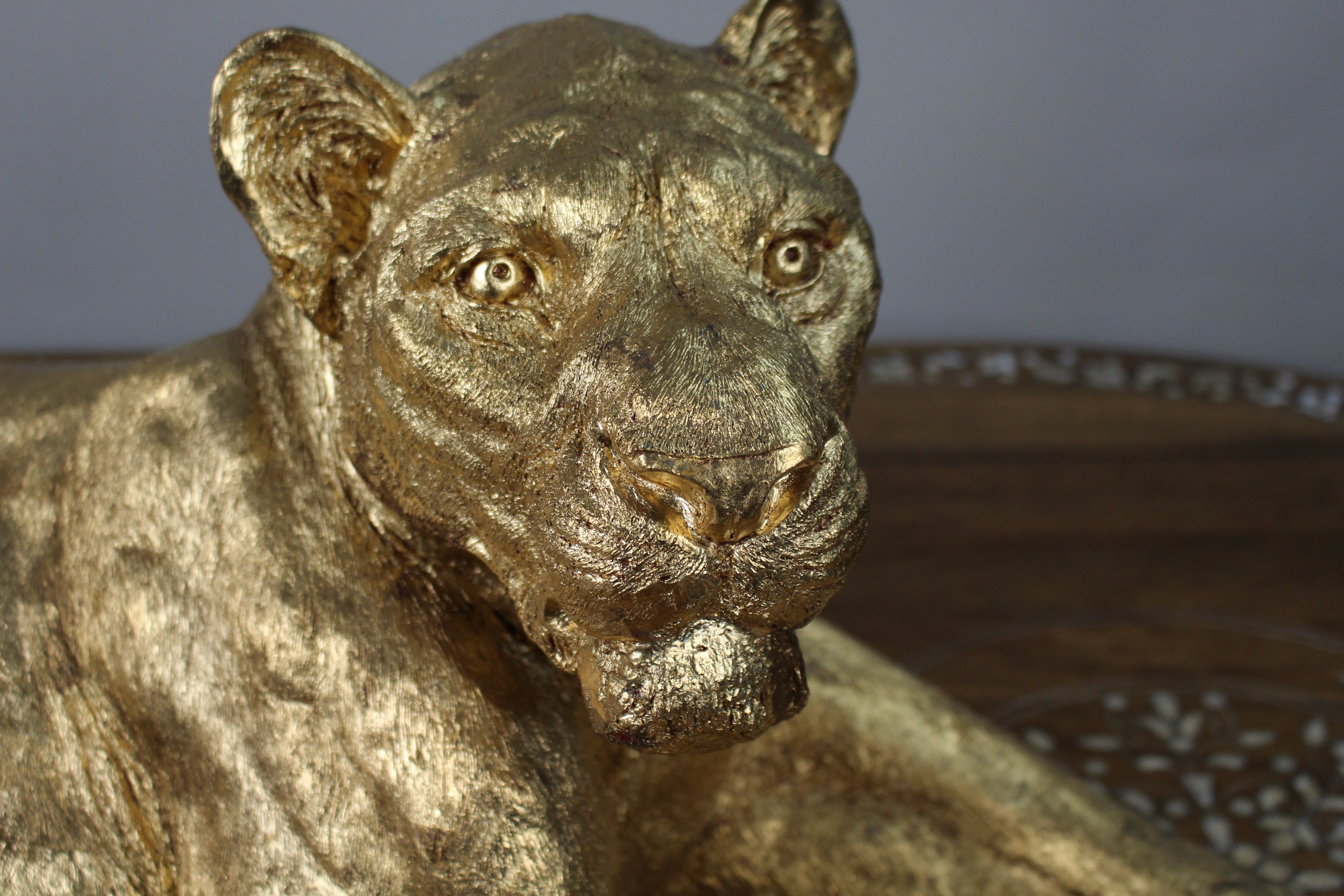 Large Reclining Lioness Sculpture Resin with Hand-Applied Gold Leaf Finish