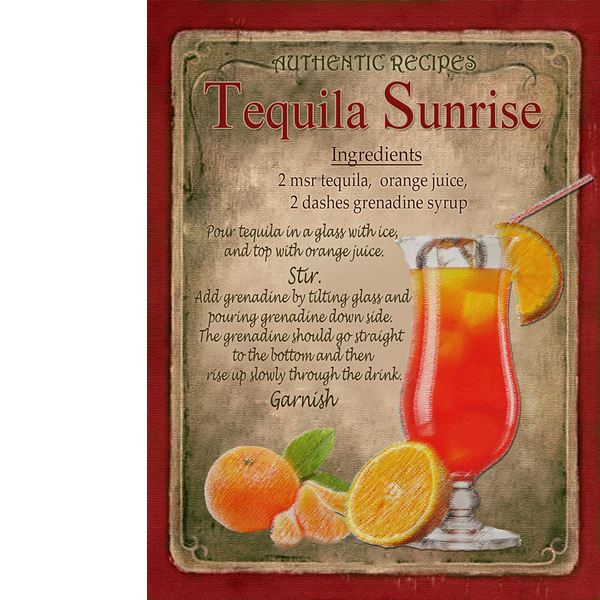 Tequila Sunrise Cocktail Designed Recipe Metal SignCocktail Authentic Recipe Metal Sign Approx