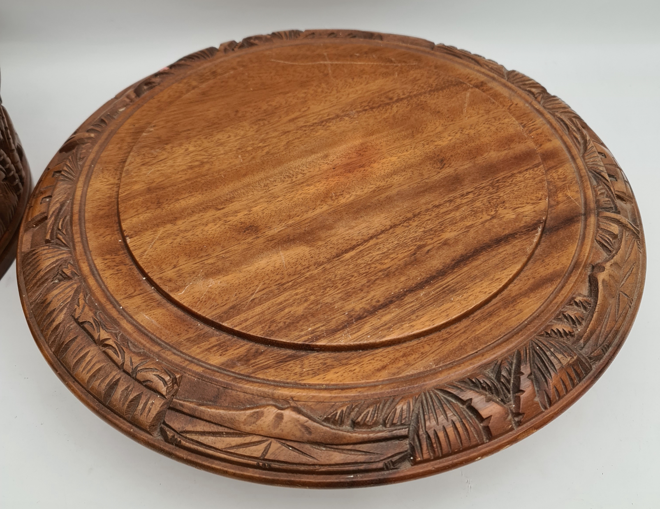 Vintage Far East Lazy Susan Carved Wood Covered Cheese Board