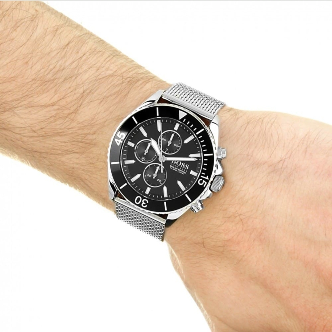 Hugo Boss 1513701 Men's Ocean Edition Black Dial Silver Mesh Band Chronograph Watch