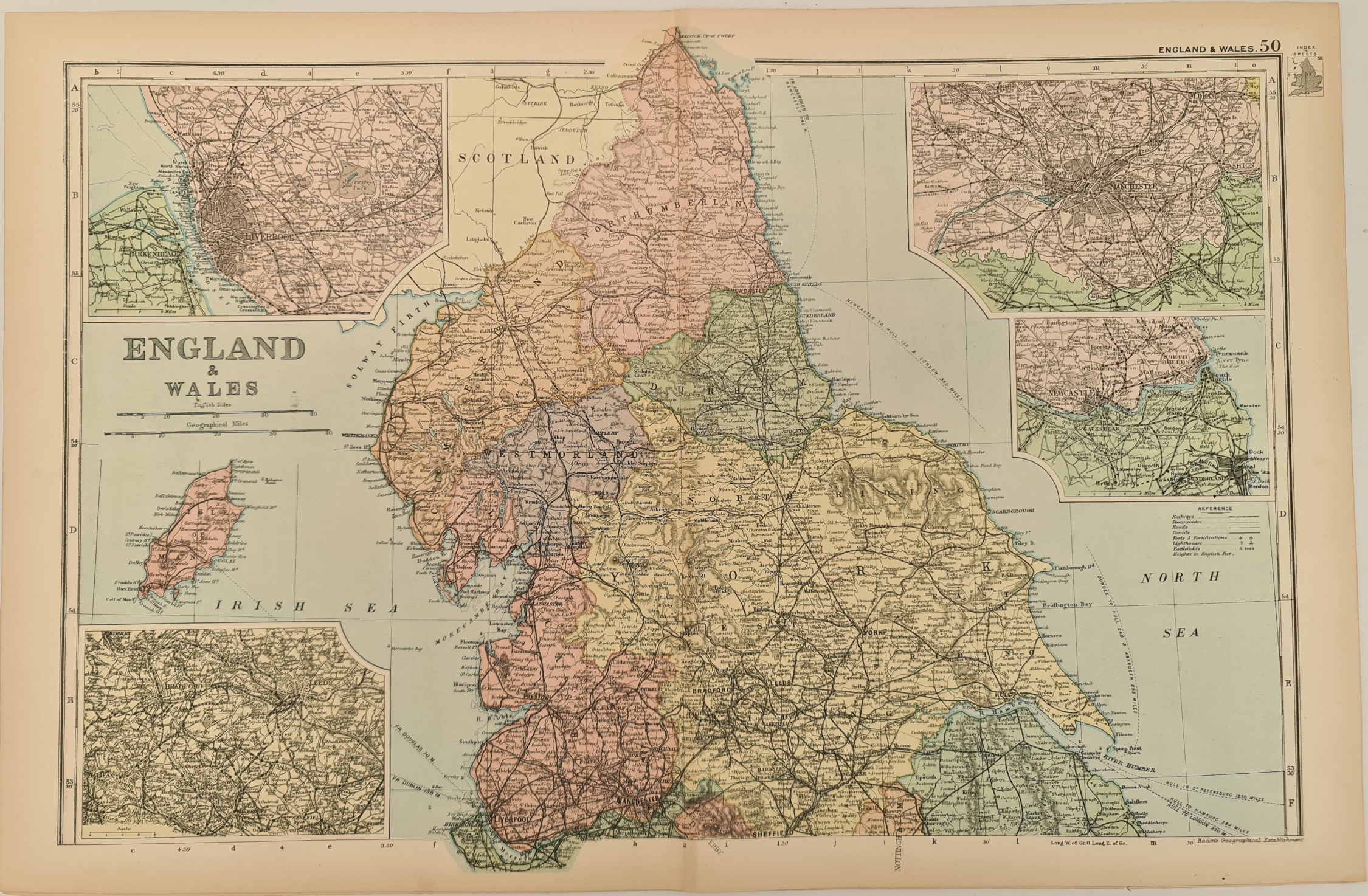 Antique Map 1899 G. W Bacon & Co. England & Wales Not Framed. Measures 35cm by 53cm