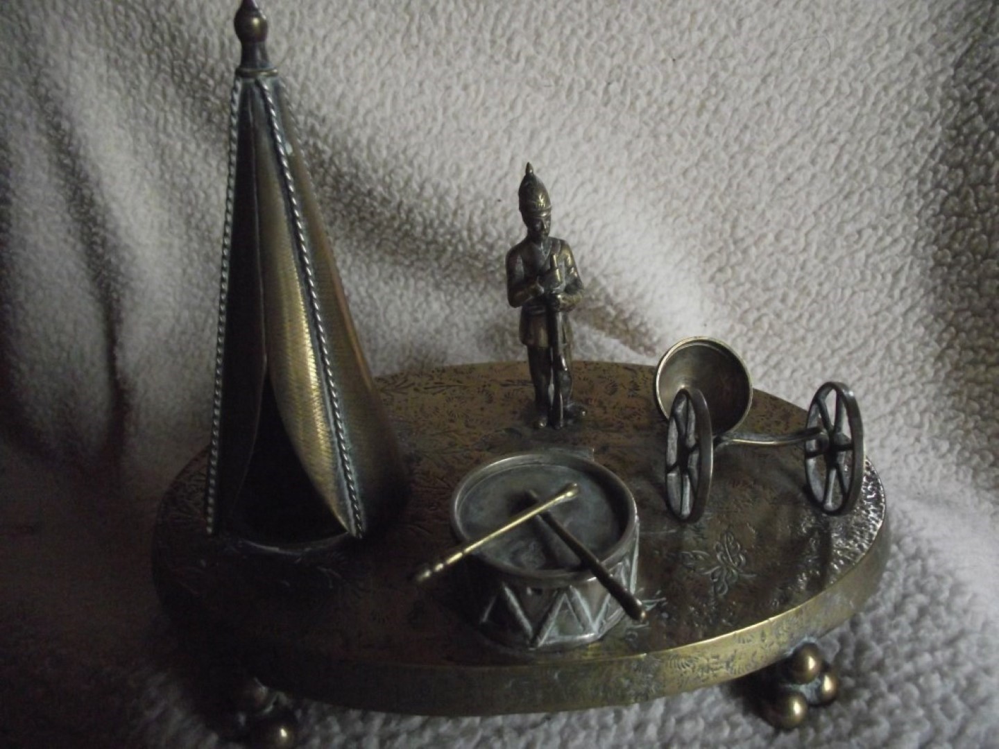 Victorian Brass Inkwell Desk Set - Military Theme - Lozenge Mark 13th January 1883