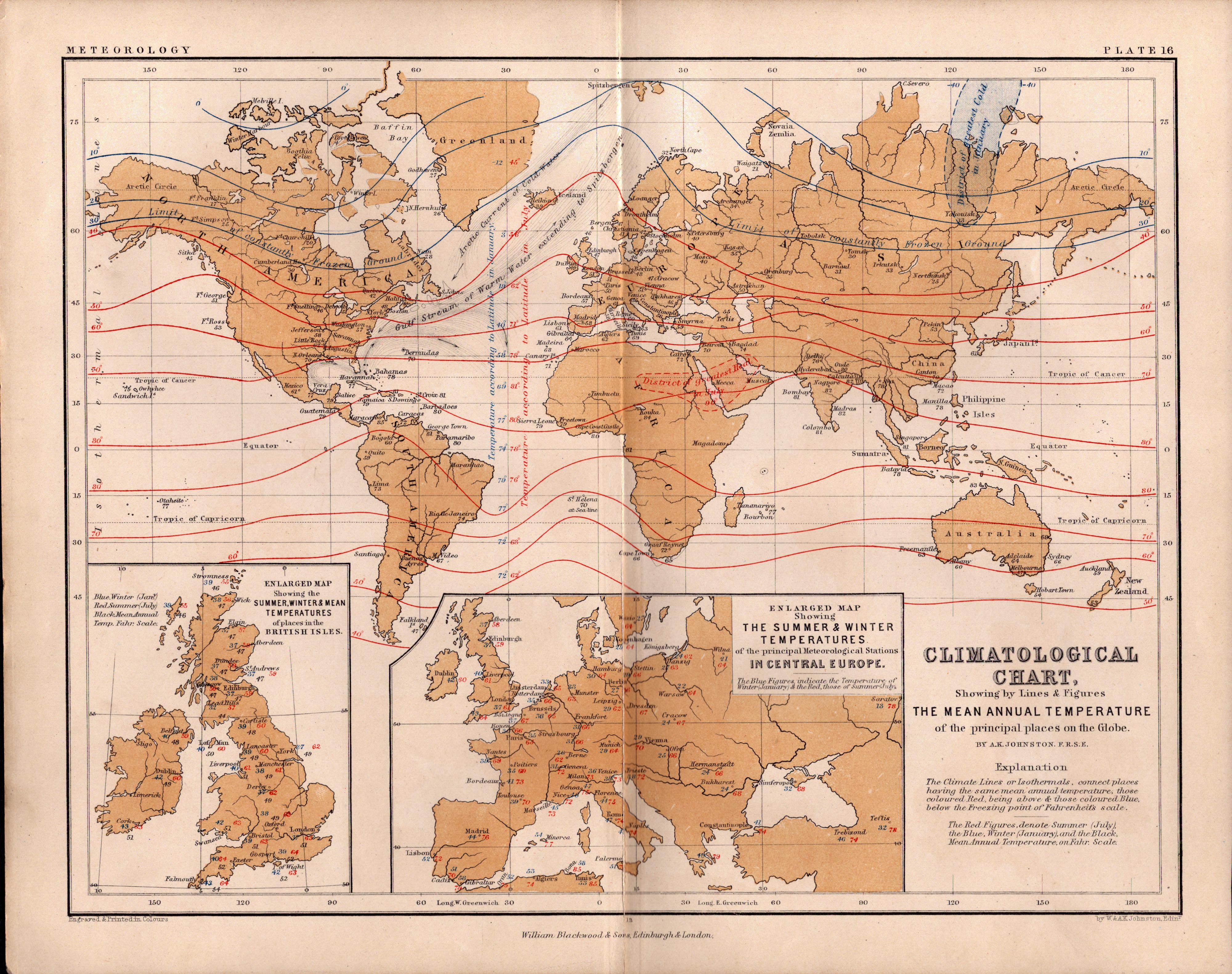 Climatological Chart Of The World  1871 WK Johnston Victorian  Antique Map.