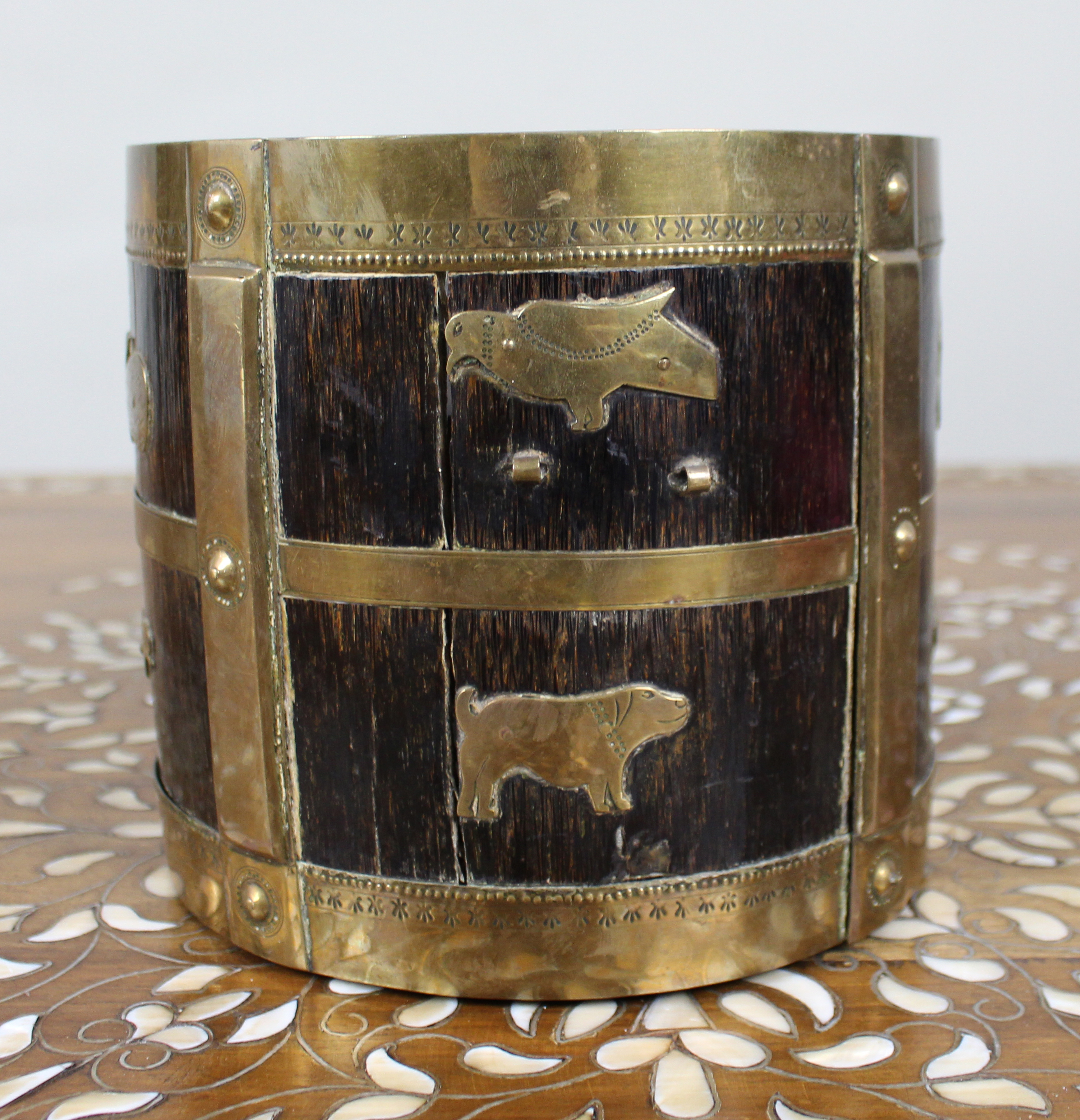 Early 20th Century Indian Brass-Mounted Wooden Bucket with Zodiac Animal Motifs