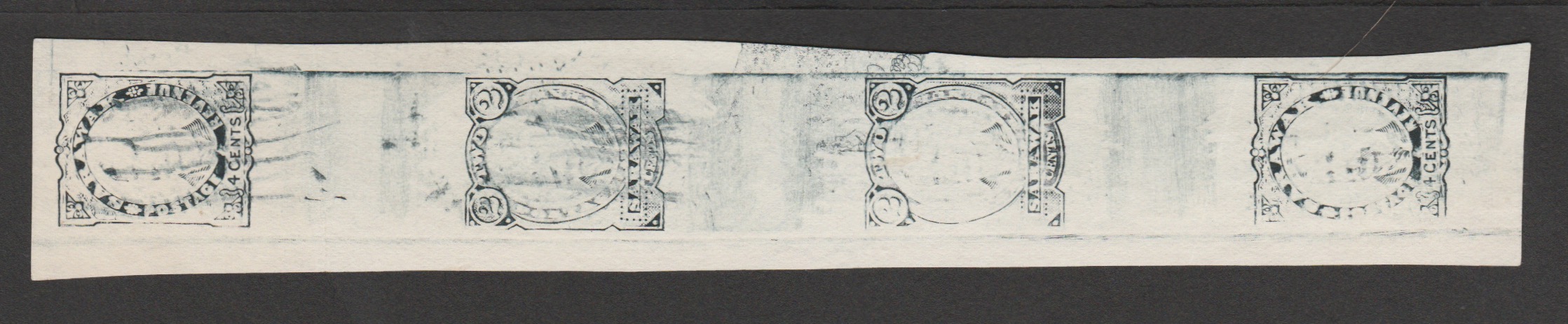 Sarawak 1895 Vertical strip of four roller proofs 4c, 2c, 2c, 4c, se tenant in blue-black.