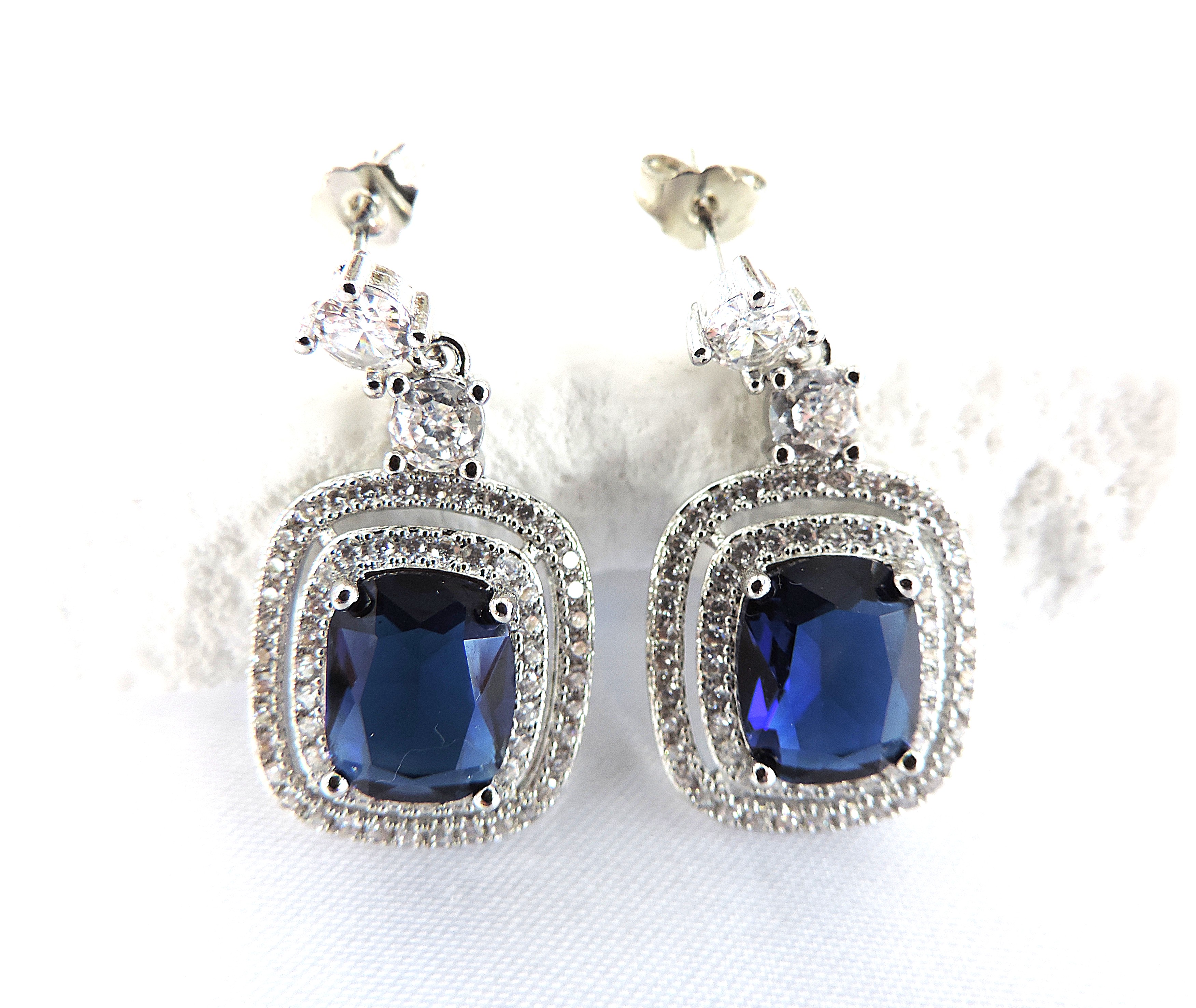 Blue & White Zircon Gemstone Drop Earrings