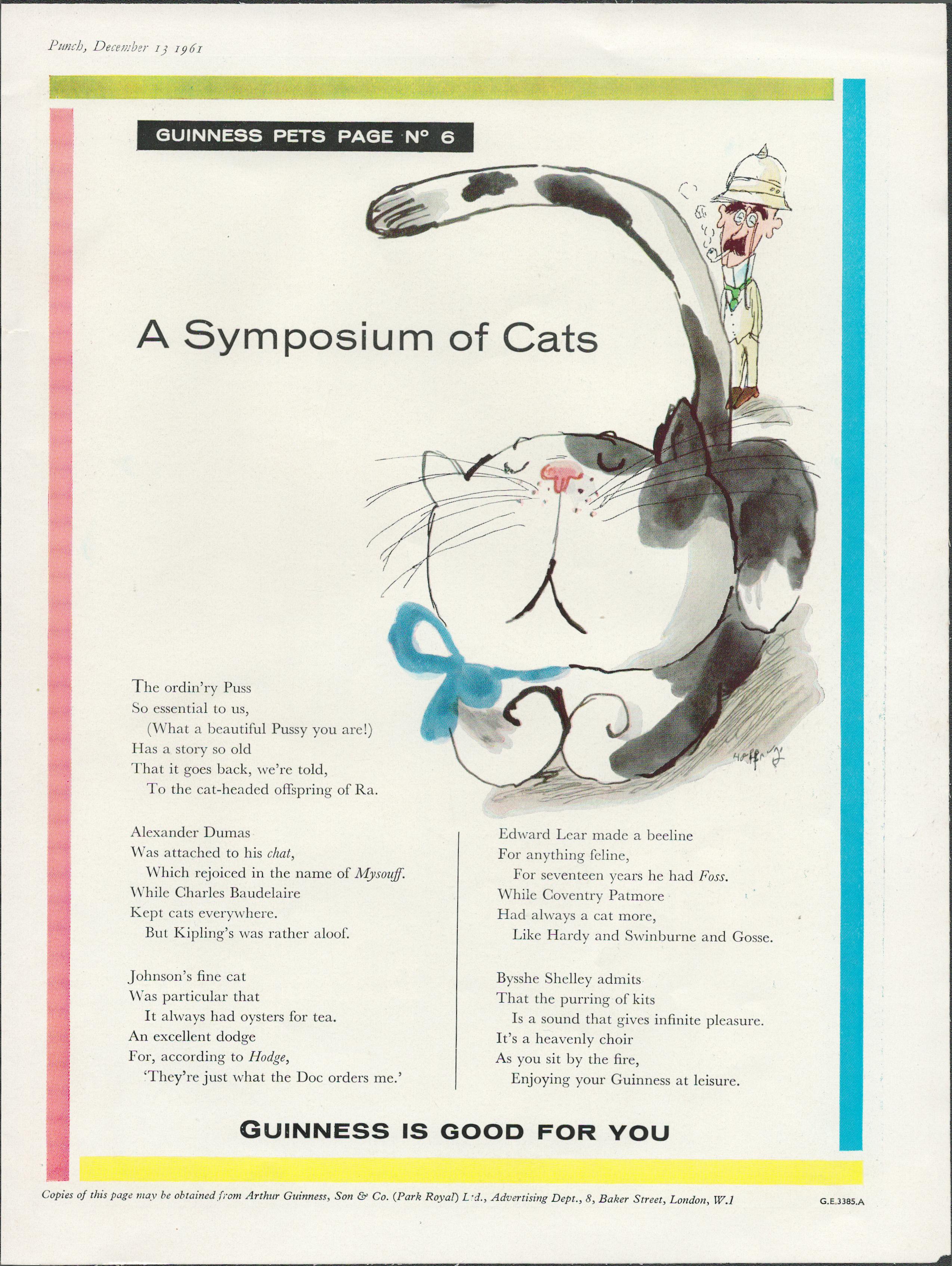 Original 1961 Guinness Pet Print Symposium Of Cats-G.E. 3385.AThis Print Is Over 60 Years Old And Is