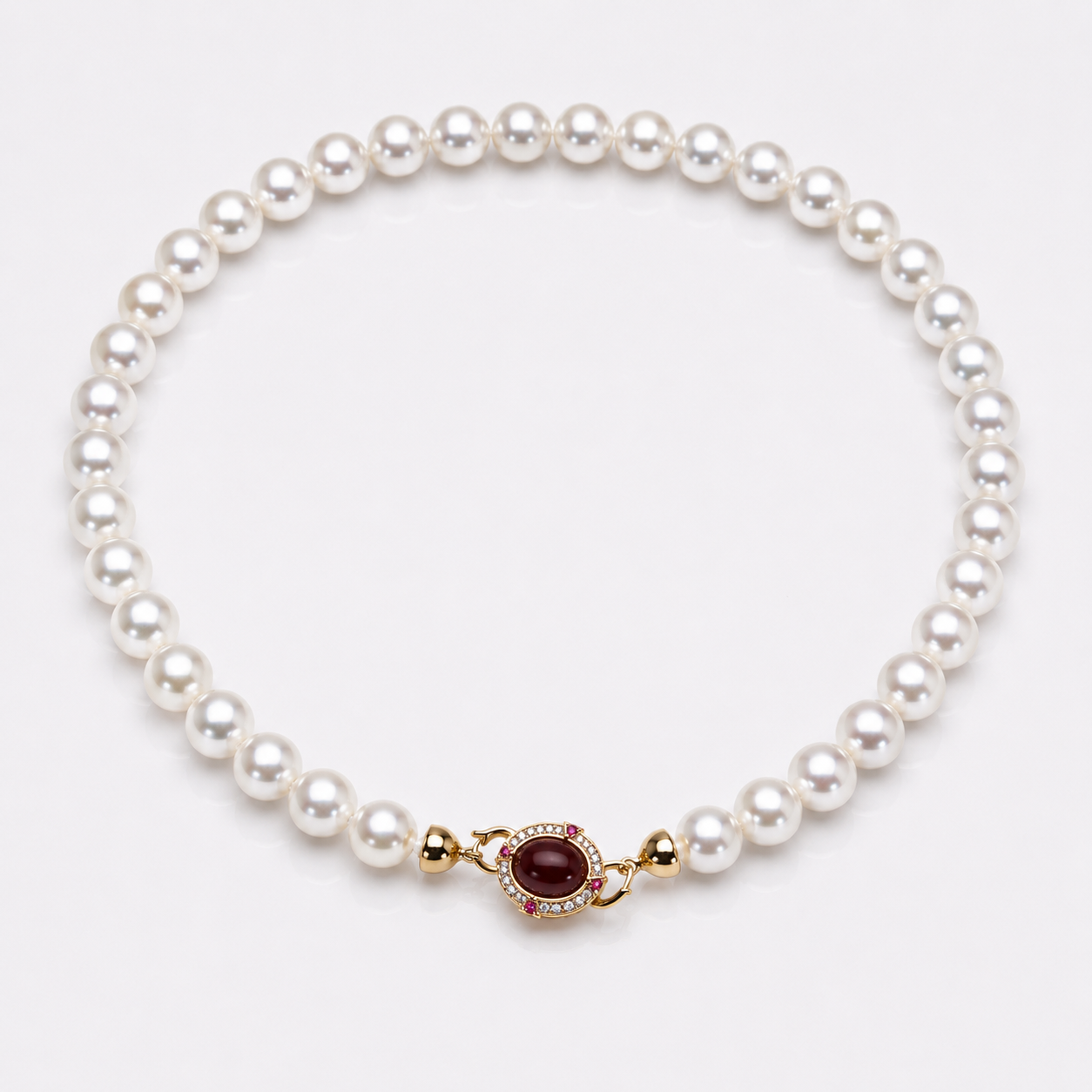 Classic White Pearl Necklace With Decorative Carnelian Clasp