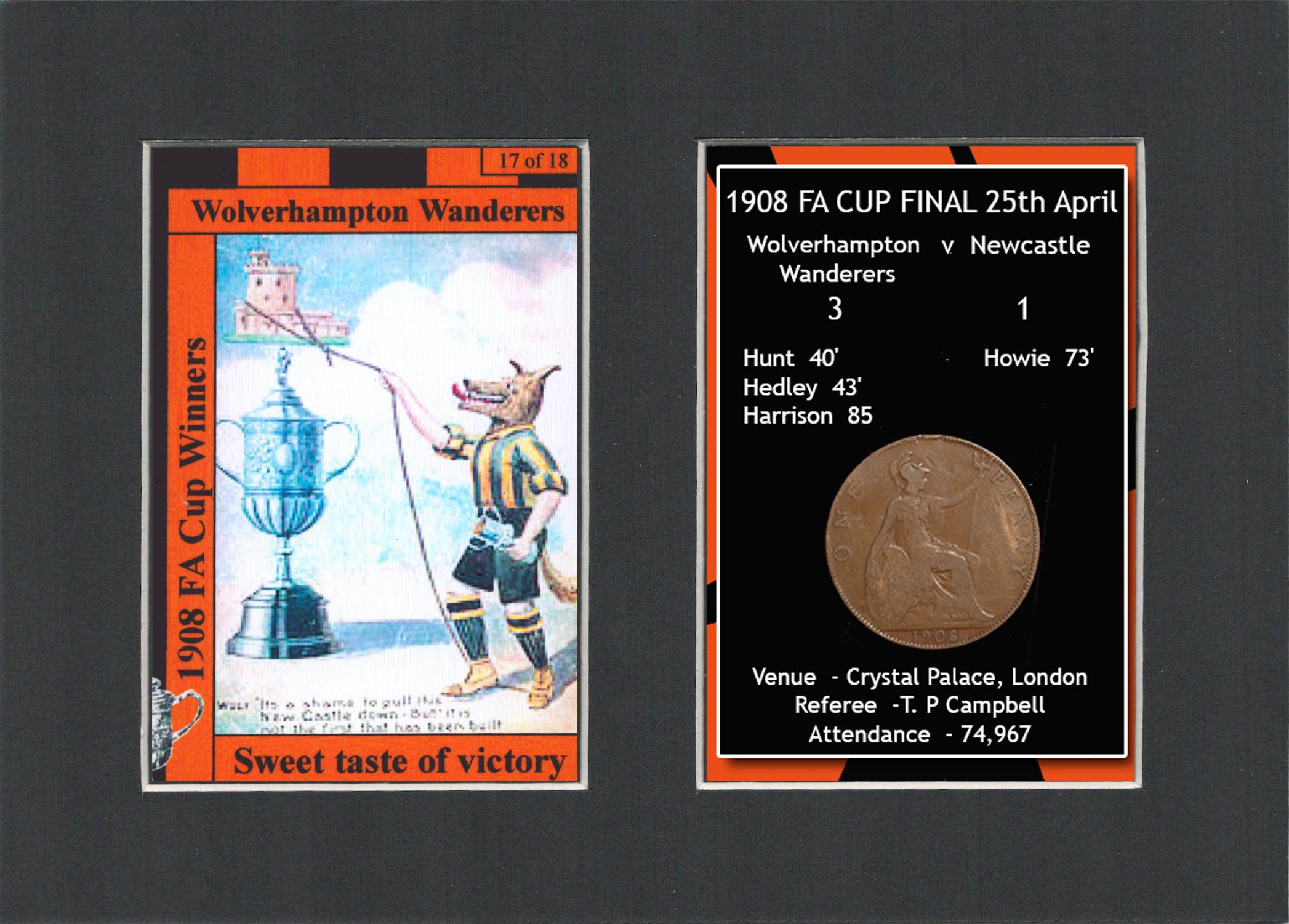 1908 FA Cup Final Wolves v Newcastle Mounted Card & Coin Gift Set.