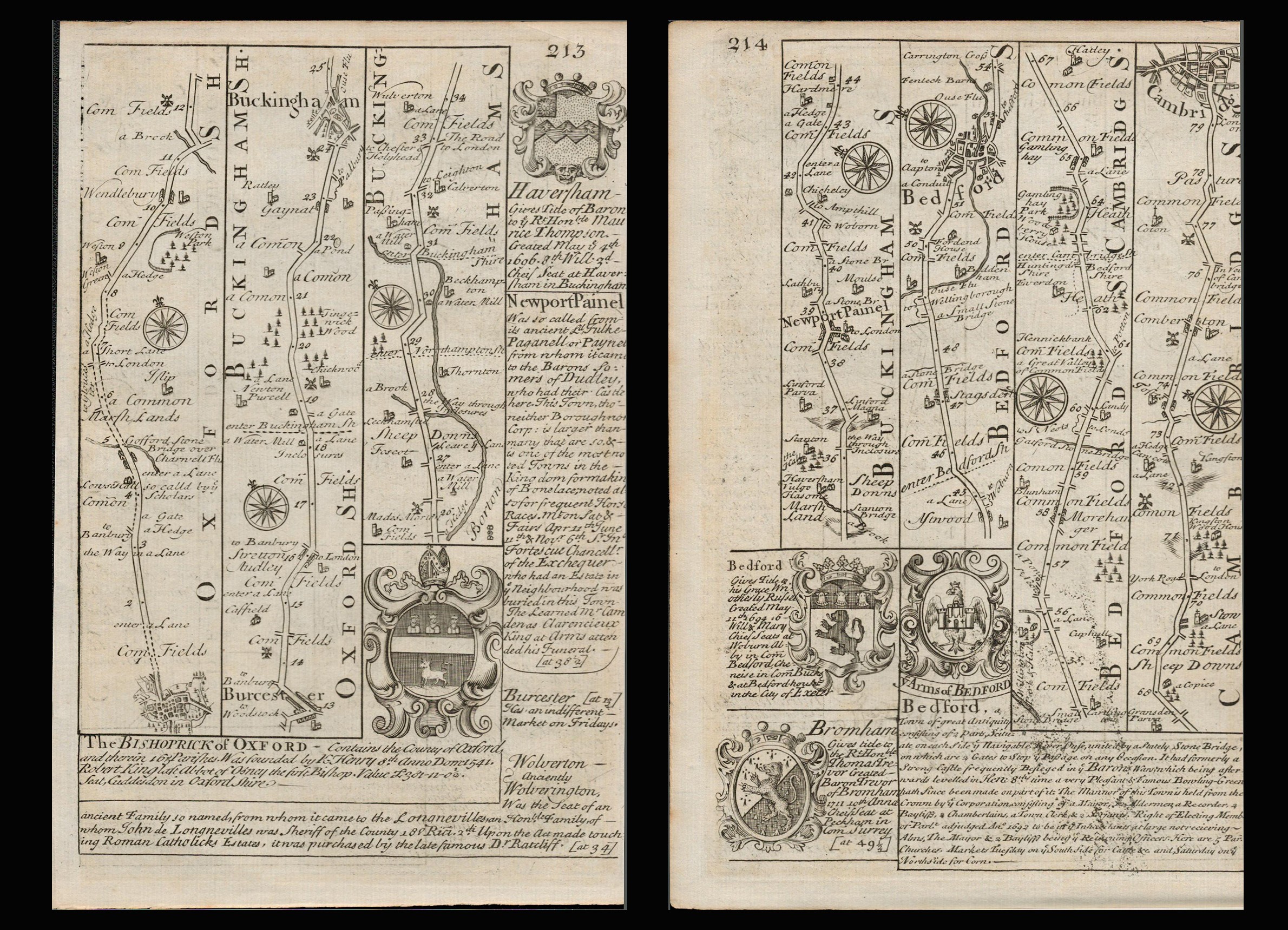 Bowen 290 Yrs Old Scarce Detailed Road Map Oxford Buckingham, Bedford, Cambridge.
